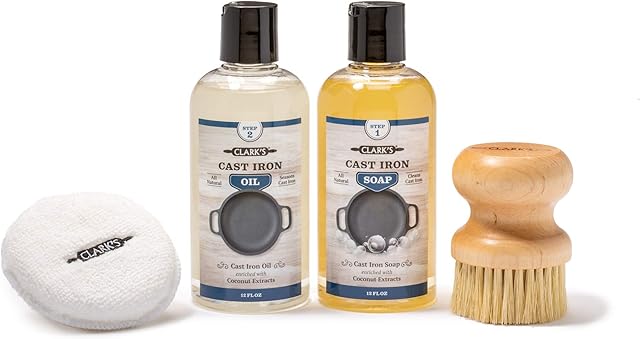 CLARK'S Cast Iron Complete Care Kit - Cast Iron Seasoning Oil - Cast Iron Soap - Scrub Brush and Applicator Pad - Maintain All Cast Iron and Carbon Cookware