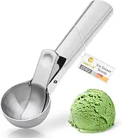 Colher de sorvete premium com gatilho de aço inoxidável, colher de sorvete de metal resistente, segura para lava-louças, perfeita para iogurte congelado, gelatos, sundaes, prata média