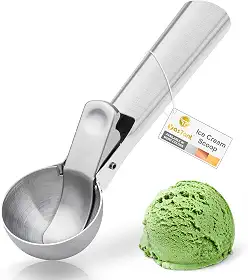 Colher de sorvete premium com gatilho de aço inoxidável, colher de sorvete de metal resistente, segura para lava-louças, perfeita para iogurte congelado, gelatos, sundaes, prata média
