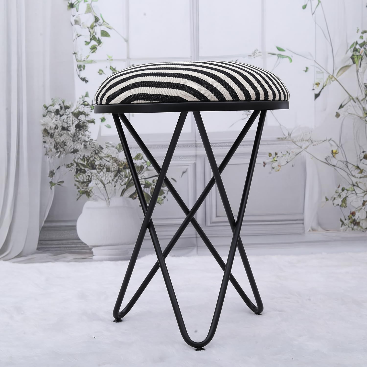 Greetwood Black Metal Stool Ottoman with Cross Leg Design for Dressing Room Makeup Station Living Area Home Office Cafe, Soft Cushion Seating Pouffes (16Wx22H Inches, Stripe (Pack of 1)-image-4