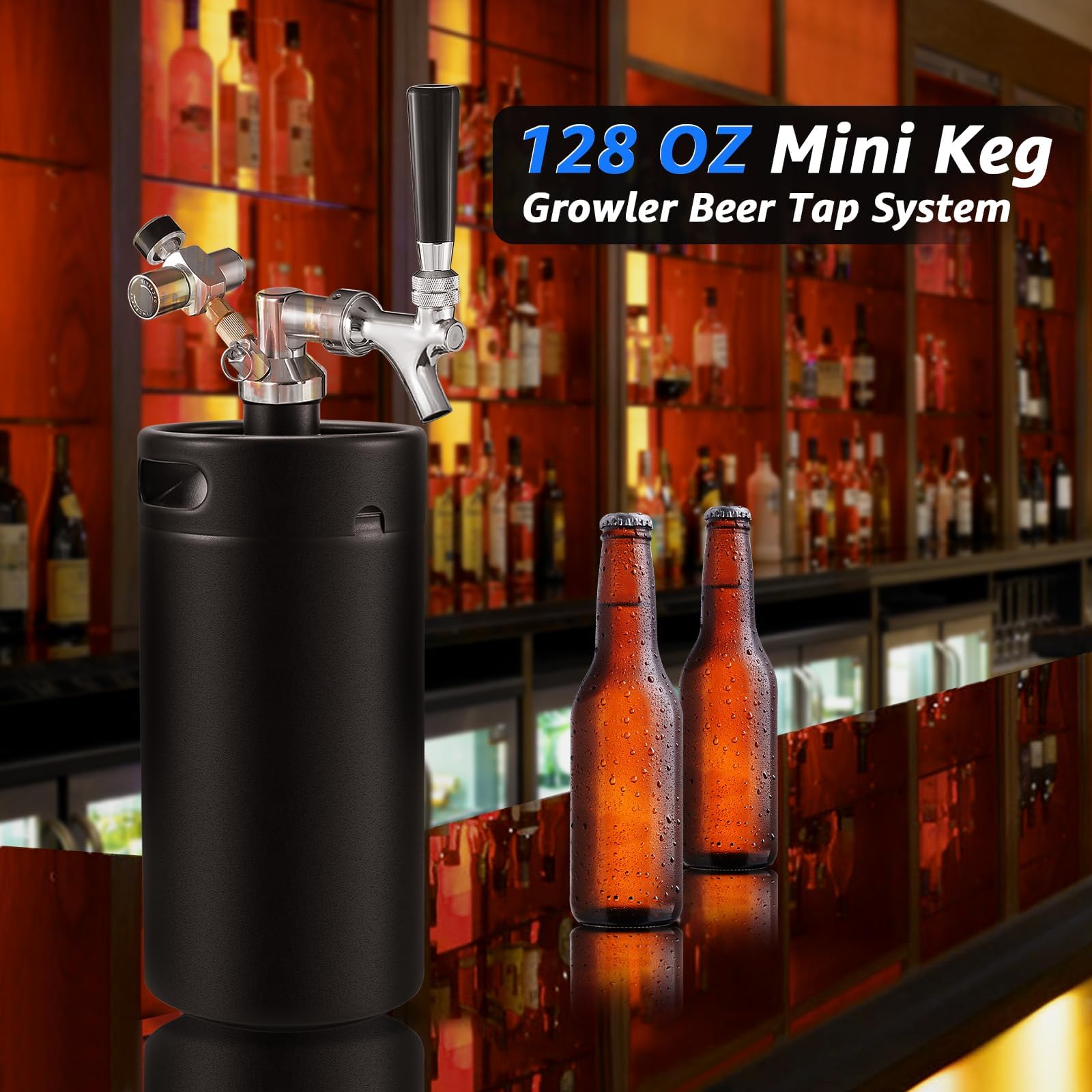 128 OZ Mini-Fass-Growler-Bierzapfanlage, tragbares Edelstahlfass mit selbstschließendem Federhahn und 0-60 PSI Fassregler, Bierzapfanlage für Fassbier (Mattschwarz)