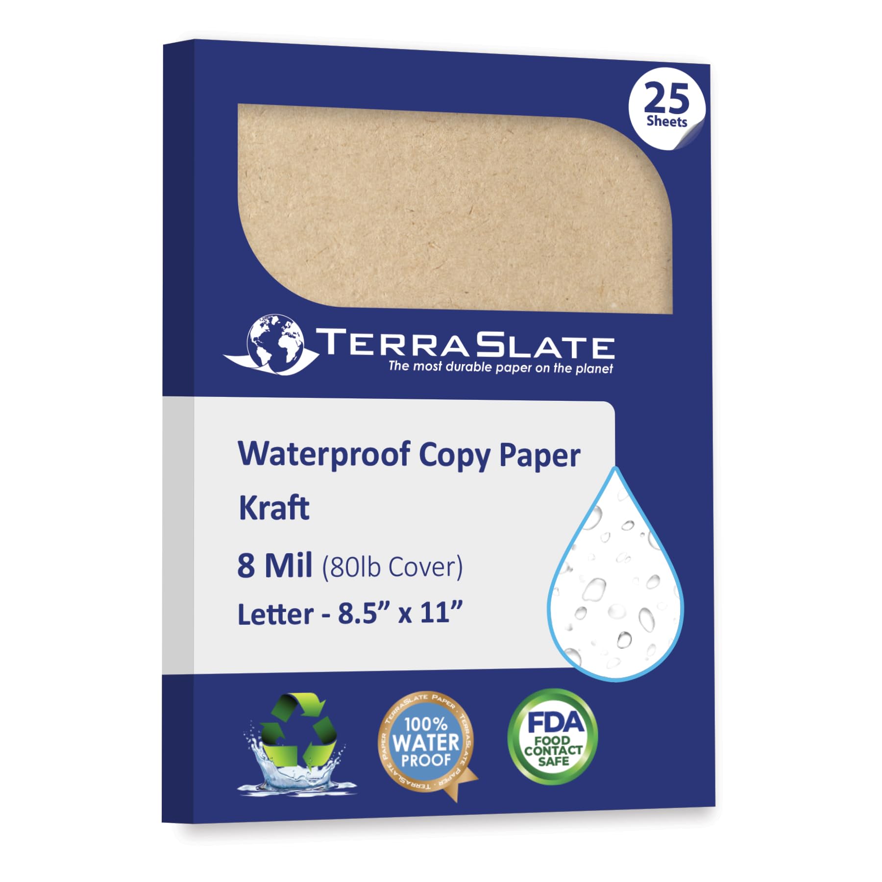 TerraSlate Waterproof Paper, Rip-Proof Colored Sheets, Kraft Paper, 25 Sheets, 8 Mil (80lb Cover), 8.5" x 11" Letter Size, Laser Printer and Laser