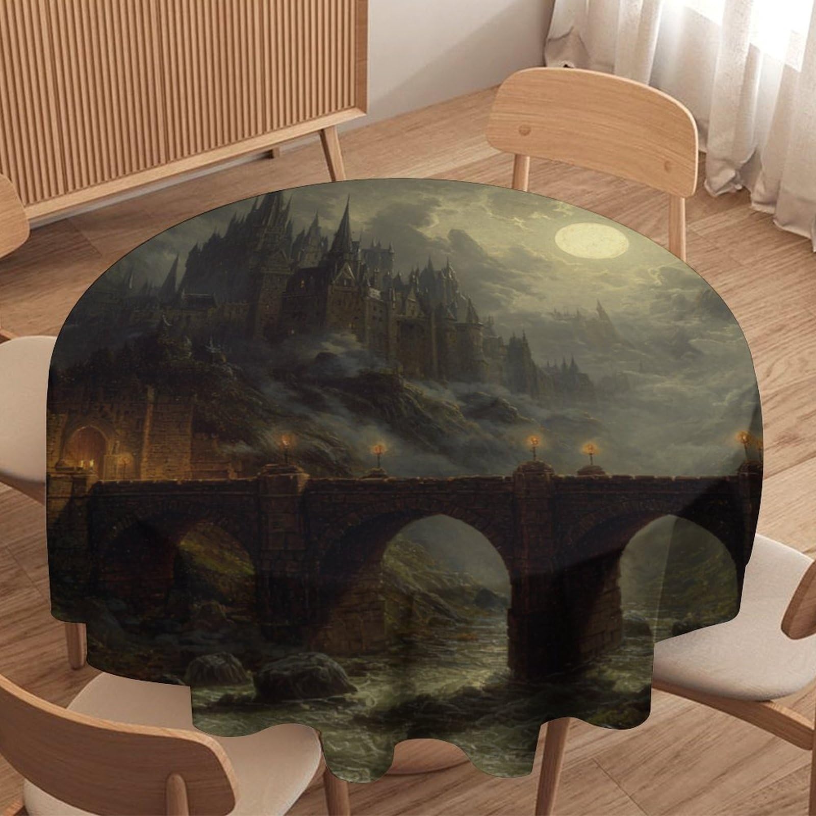 LUYYSKY Modern Fantasy Misty Castle Waterproof Round Tablecloth Retro Rustic Halloween Full Moon Gothic Mid Century Castle Washable Table Cover for Kitchen-91.4" Wx91.4 L cm