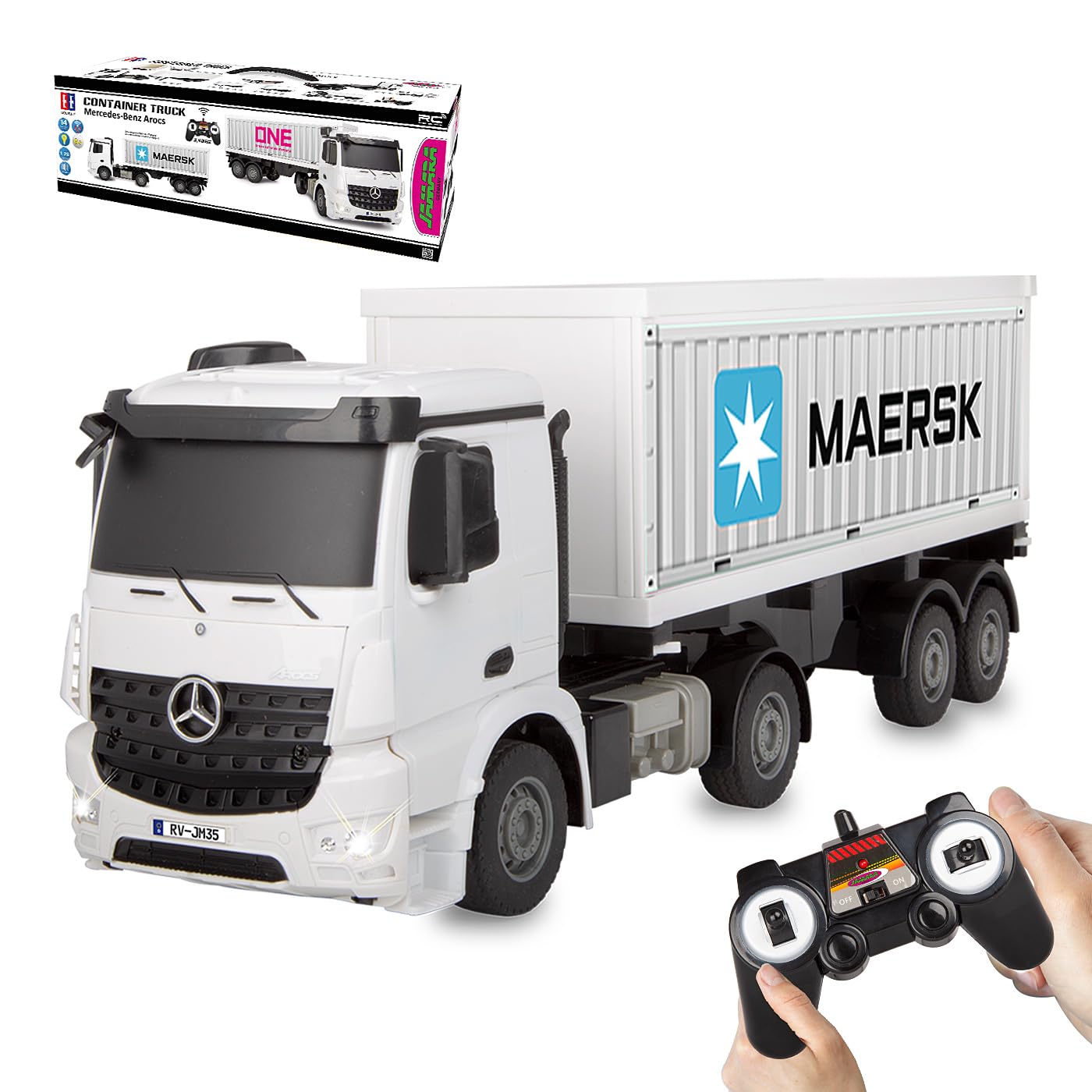 JAMARA 408300 kontener do samochodów ciężarowych Mercedes-Benz Arocs 1:26 2,4 GHz – samochód ciężarowy RC zdalnie sterowany, zabawka dla dzieci, ciężarówki, pojazdy, zdalne sterowanie, prezent dla