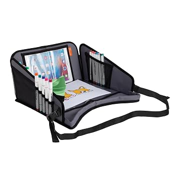 Dreambaby Snack N Play On The Go Activity Travel Tray Table for Toddlers with Tablet iPad Holder, Cup Holders, Snack Tray, and Storage Pockets - Road Trip Must Have