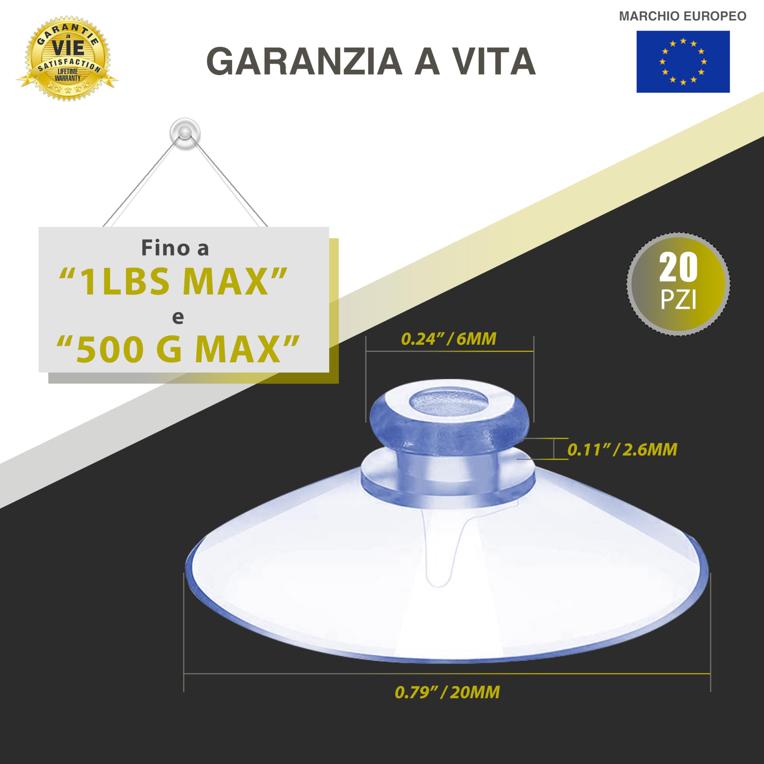 Mini Ventose -✮GARANZIA A VITA✮- 20 PEZZI - Ventose Trasparenti in PVC - Ventosa 20 MM, Riutilizzabile, Senza Gancio, Linguetta a Fungo - Appendini adesivi per Specchi, Vetro, Finestre