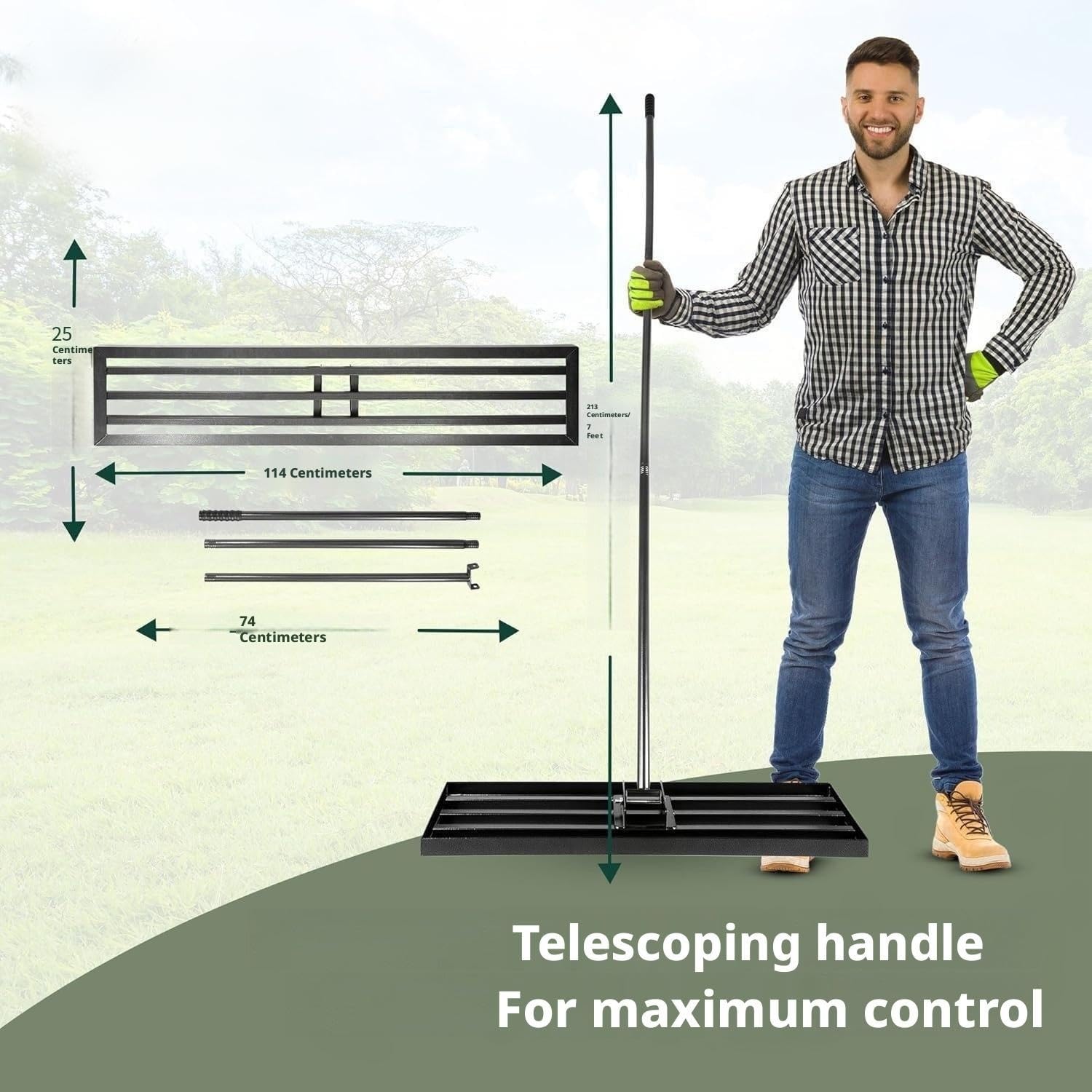 Rastrello livellatore for prato da 7 piedi, strumento extra largo for livellare terreno da giardino in metallo e sabbia da 114 cm for la manutenzione del tappeto erboso e l'abbellimento