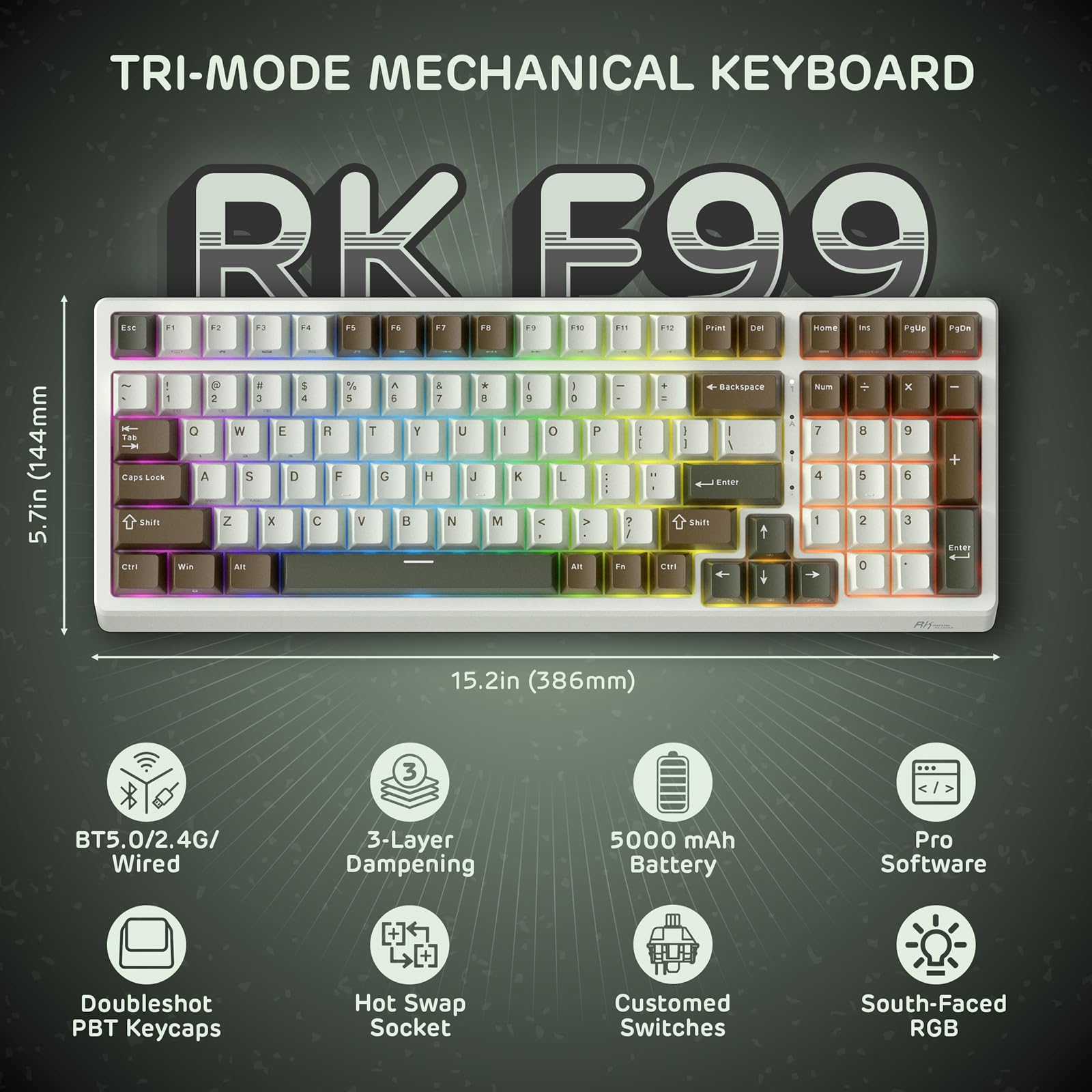 RK ROYAL KLUDGE Teclado mecánico inalámbrico F99 con almohadilla numérica, trimodo intercambiable en caliente 95% 100 teclas, teclado para juegos BT/2.4G/USB-C, teclado retroiluminado RGB para juegos