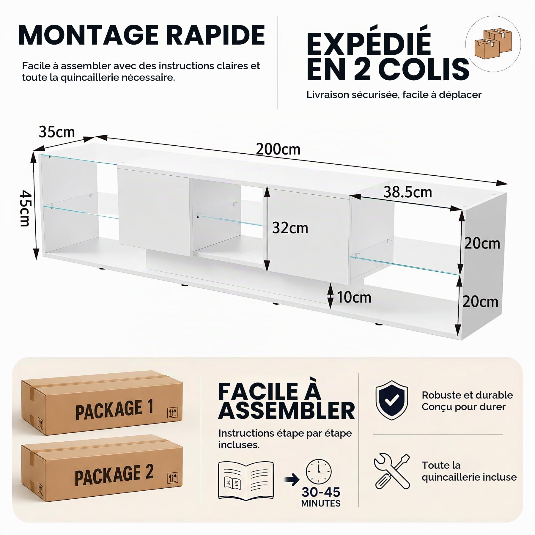 Meuble TV LED 200 cm, Meuble Télé Bas Moderne Brillant avec 2 Compartiments de Rangement et Étagère en Verre, Banc TV avec Rangement pour Salon, Design Contemporain, Blanc