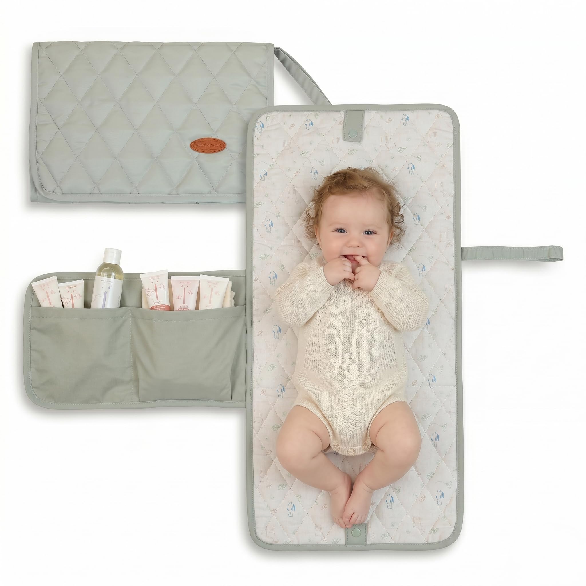 MiniDream Portable Baby Changing Mat with Pockets, Foldable Travel Nappy Changing Pad with Hanging Strap, Water-Resistant Wipe Clean Baby Changing Mat for Pram, Pushchair & Changing Bag - Sage