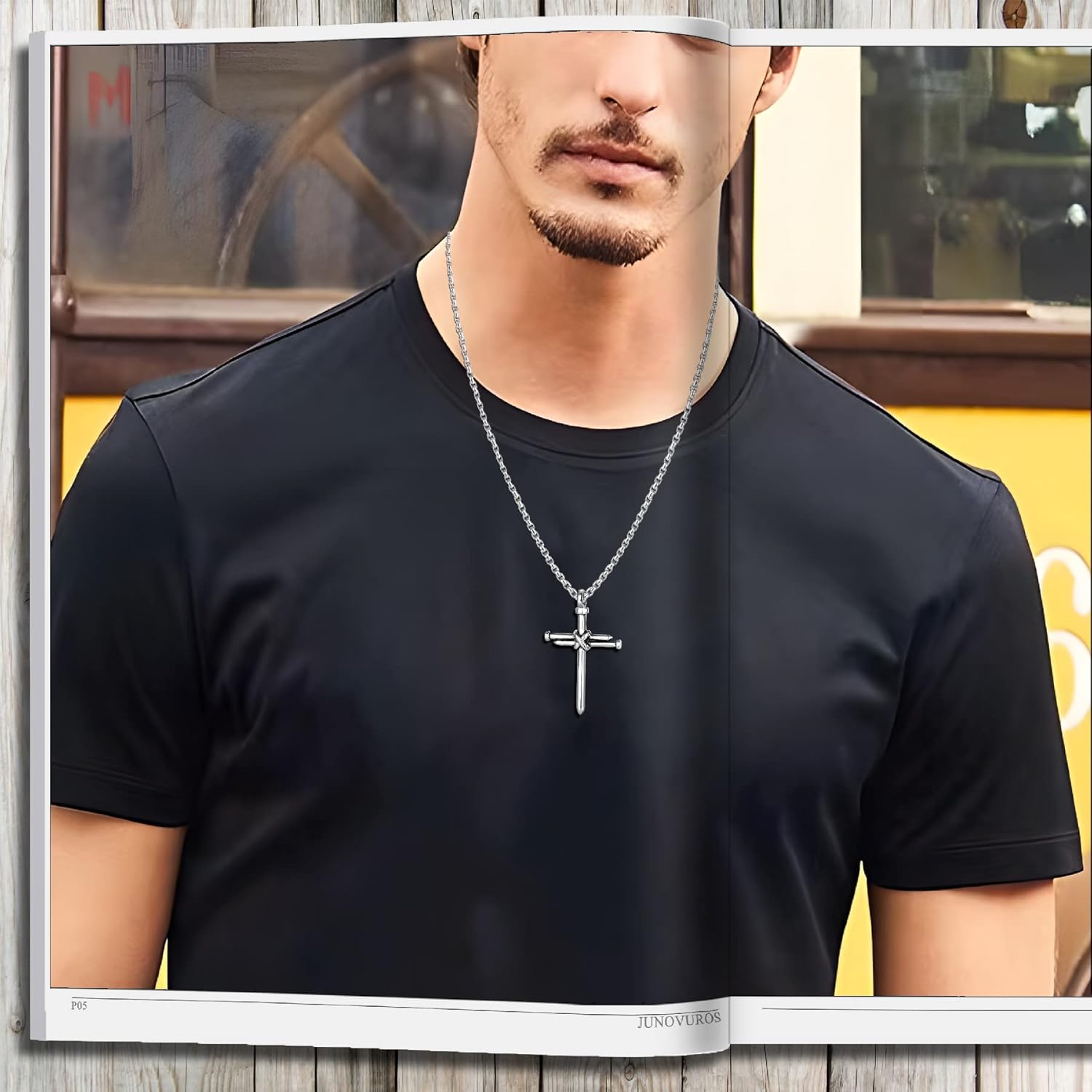 JUNOVUROS Nail Cross Necklace for Men Stainless Steel Religious Retro Nail Cross Pendant Necklace, 18 to 28 Inch Rolo Chain, Silver/Gold/Black - Image 2