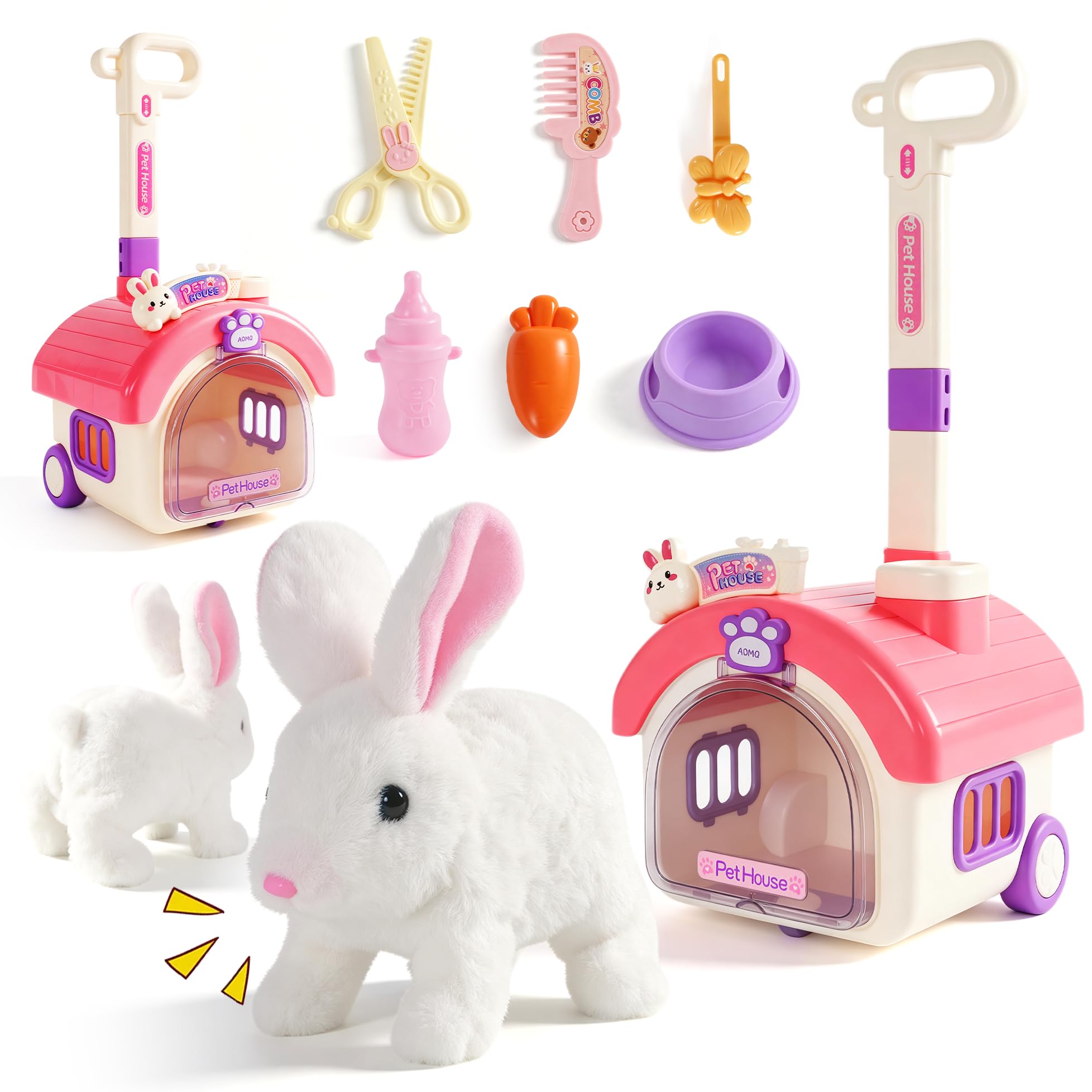 Electronic Pet Bunny Interactive Plush Toy kids,Pet Grooming and Feeding Playset with Cage,Bunny Walking Barking Wagging Tail Educational Toy,Pretend Dress Up Toy,Gifts for Boys Girls Toddlers 3+