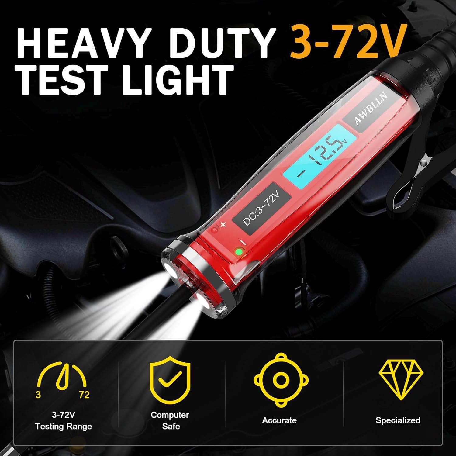 AWBLIN 3-72V DC Automotive Test Light, LCD Digital Light Tester with Voltmeter, Heavy Duty Circuit Tester with Polarity Indicate and Illuminating Lights, Fuse Voltage Tester Auto Electrical Tool
