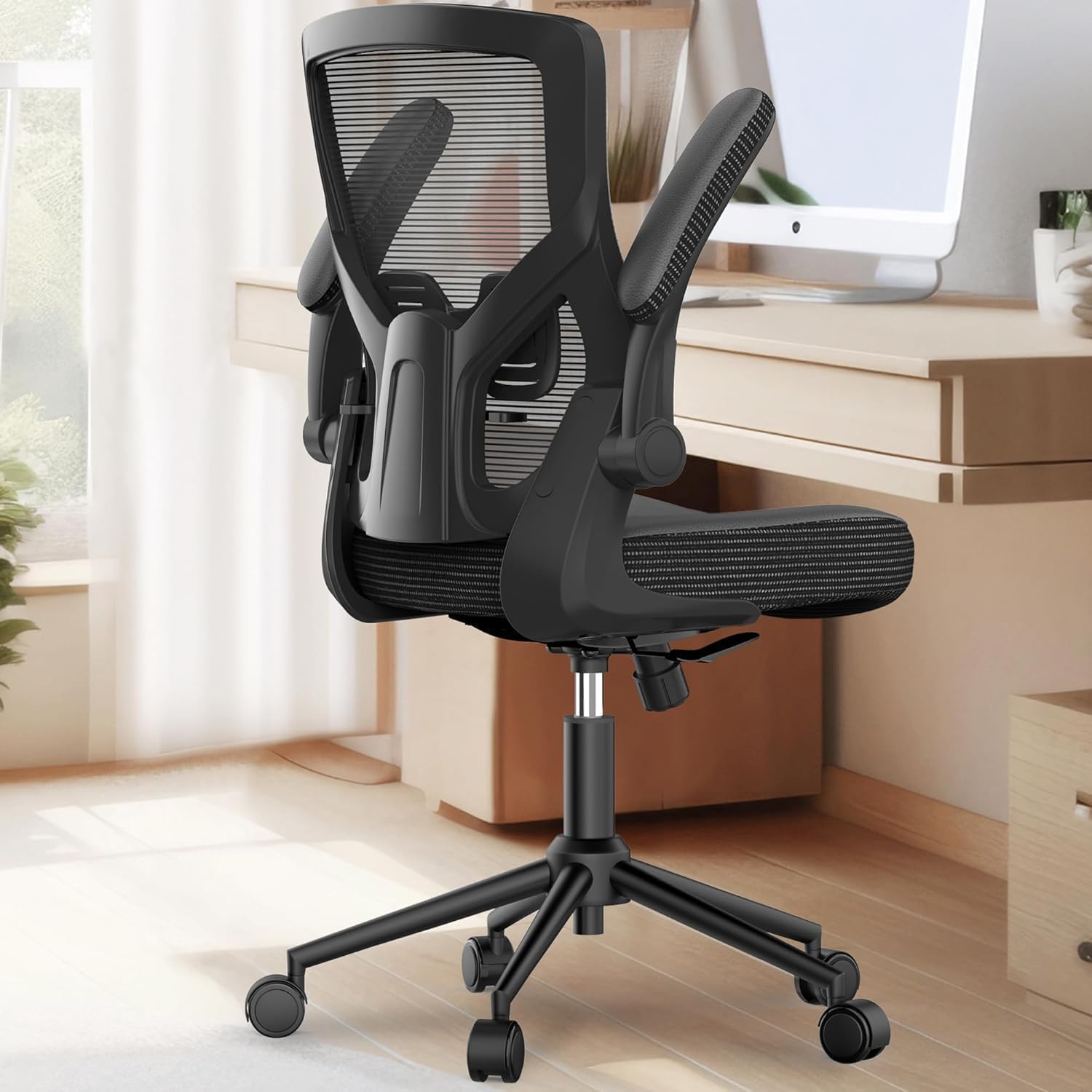 CYKOV Homeoffice Bürostuhl Ergonomisch Klappbare Armlehne Wasserfallsitz | S-Kurve Wirbelsäulenstütze, 4-fach Arretierung 90°-135°, SGS-zertifiziert 150kg Tragkraft, Lendenwirbelstütze verstellbar
