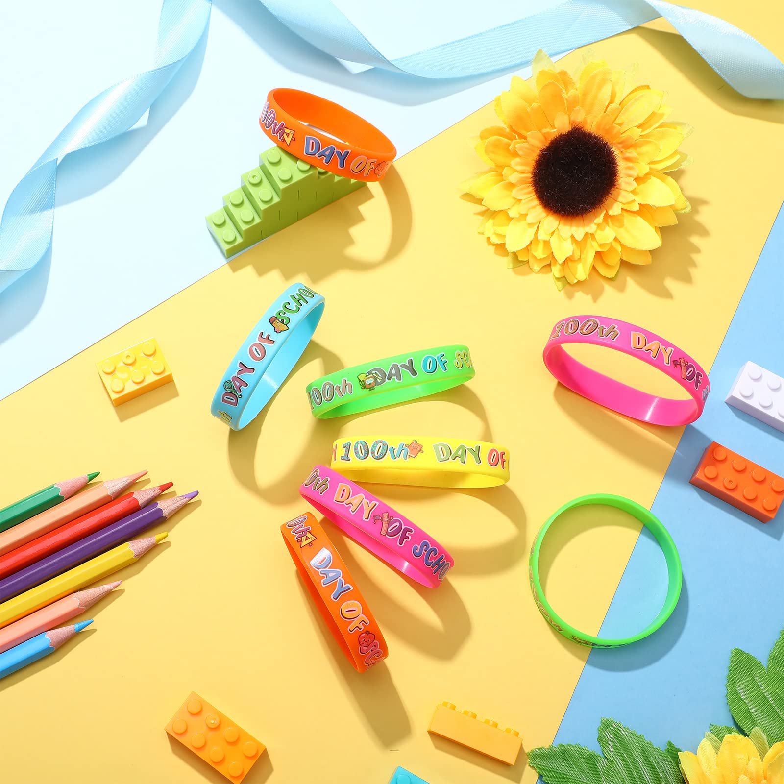 200 Pieces 100 Days of School Silicone Bracelets Colorful 100th Day of
