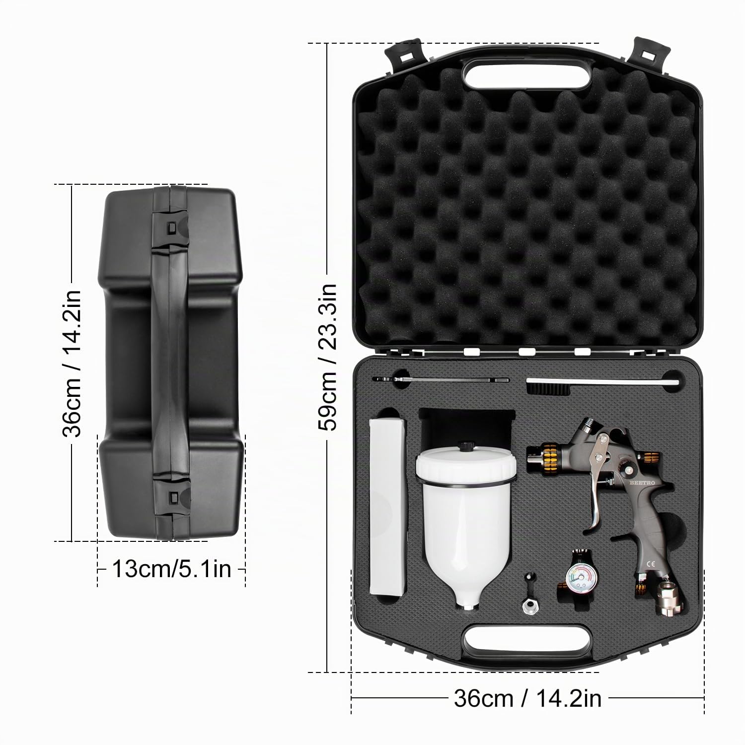 BEETRO Pistola a Spruzzo ad Aria Compressa HVLP, Capacità 600ml 14,5CFM 30-43psi Ugelli da 1,4mm/1,8mm (1,4+1,8 mm, 600 ml con valigetta)