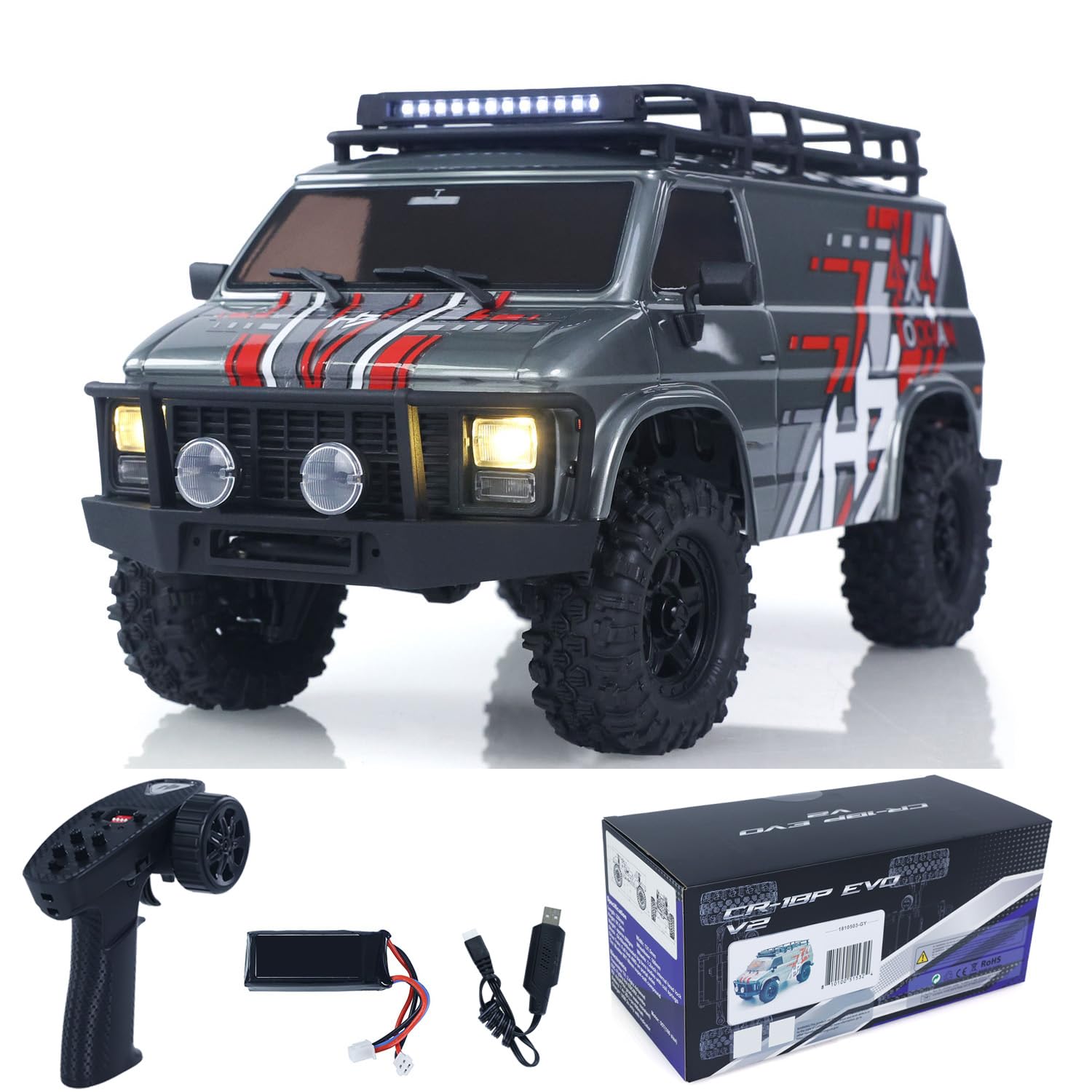 CR18P 1810503 Hobby Plus 1/18 4X4 RC Rock Crawler eléctrico con control remoto todo terreno RockVan sistema de luz amortiguador de choque