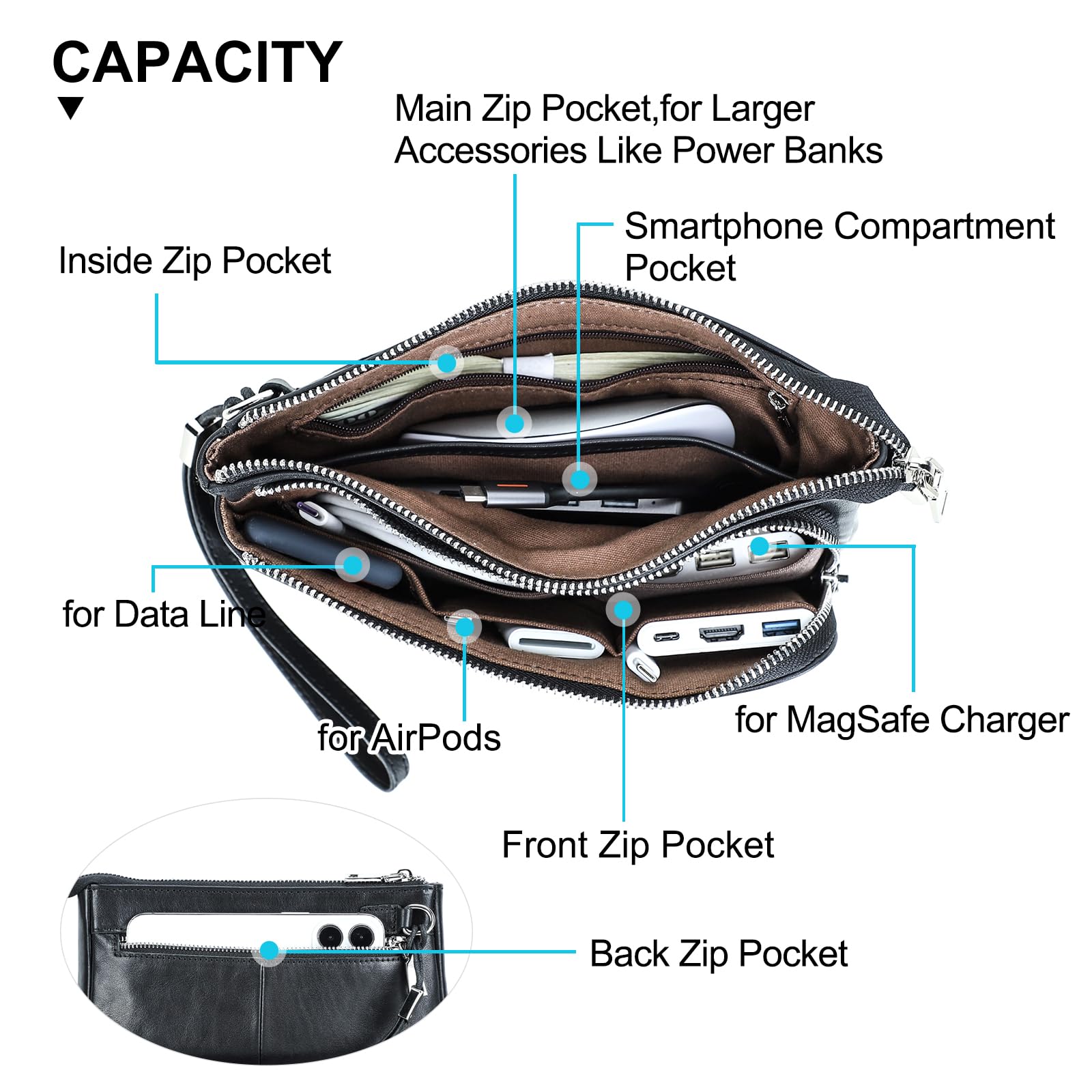 CONTACT'S FAMILY Leder-Kabel-Organizer, Tech-Organizer-Tasche, Elektronik-Zubehör, Reisetasche, Schwarz , Taschen-Organizer