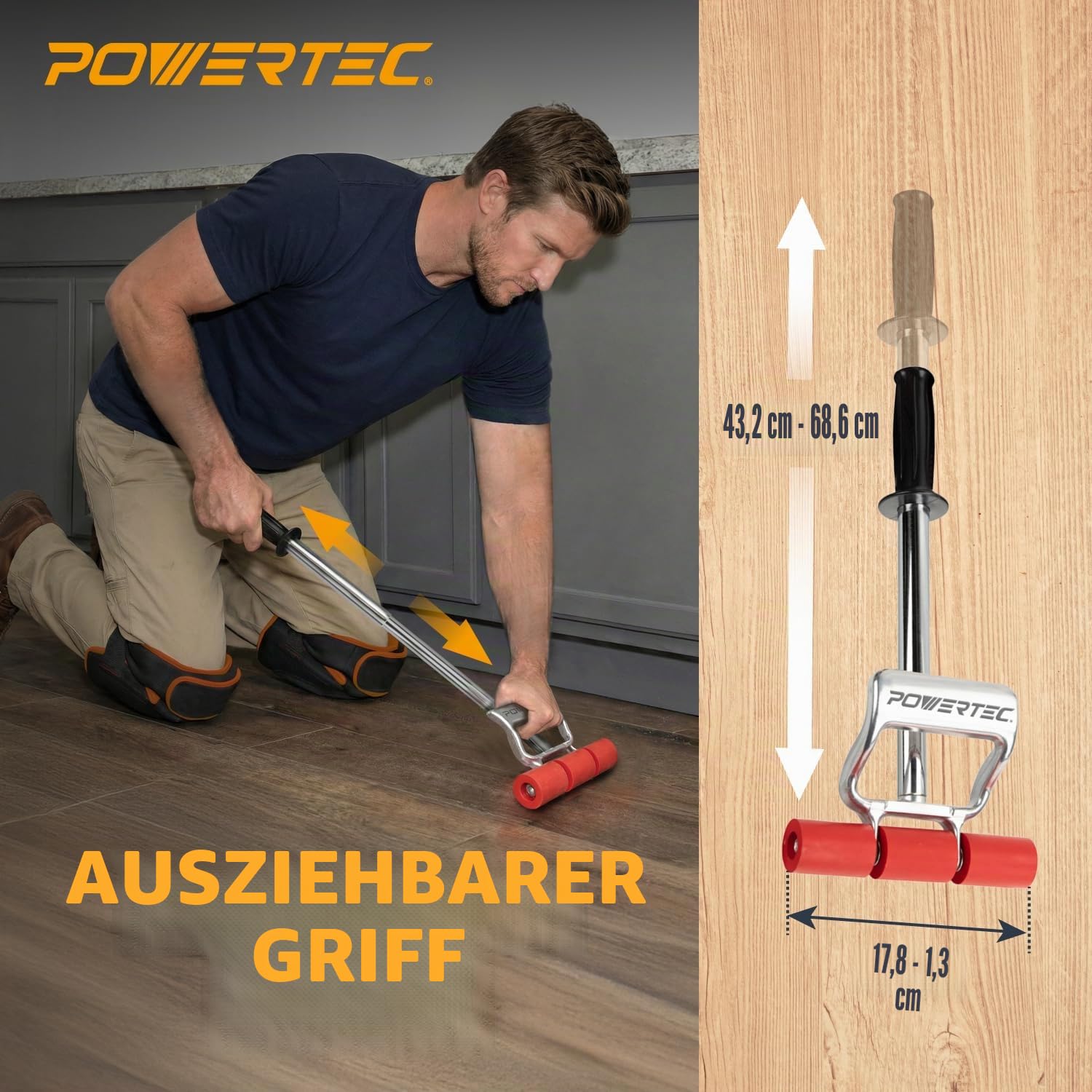 POWERTEC 71033 Ausziehbare Boden- und Wandrolle für Vinylböden, Fliesen und Linoleum, Walze mit ausziehbarem Griff von 43 cm bis 67 cm, 19 cm breit, für LVP, Furnier, Teppich, Wandverkleidungen, 1