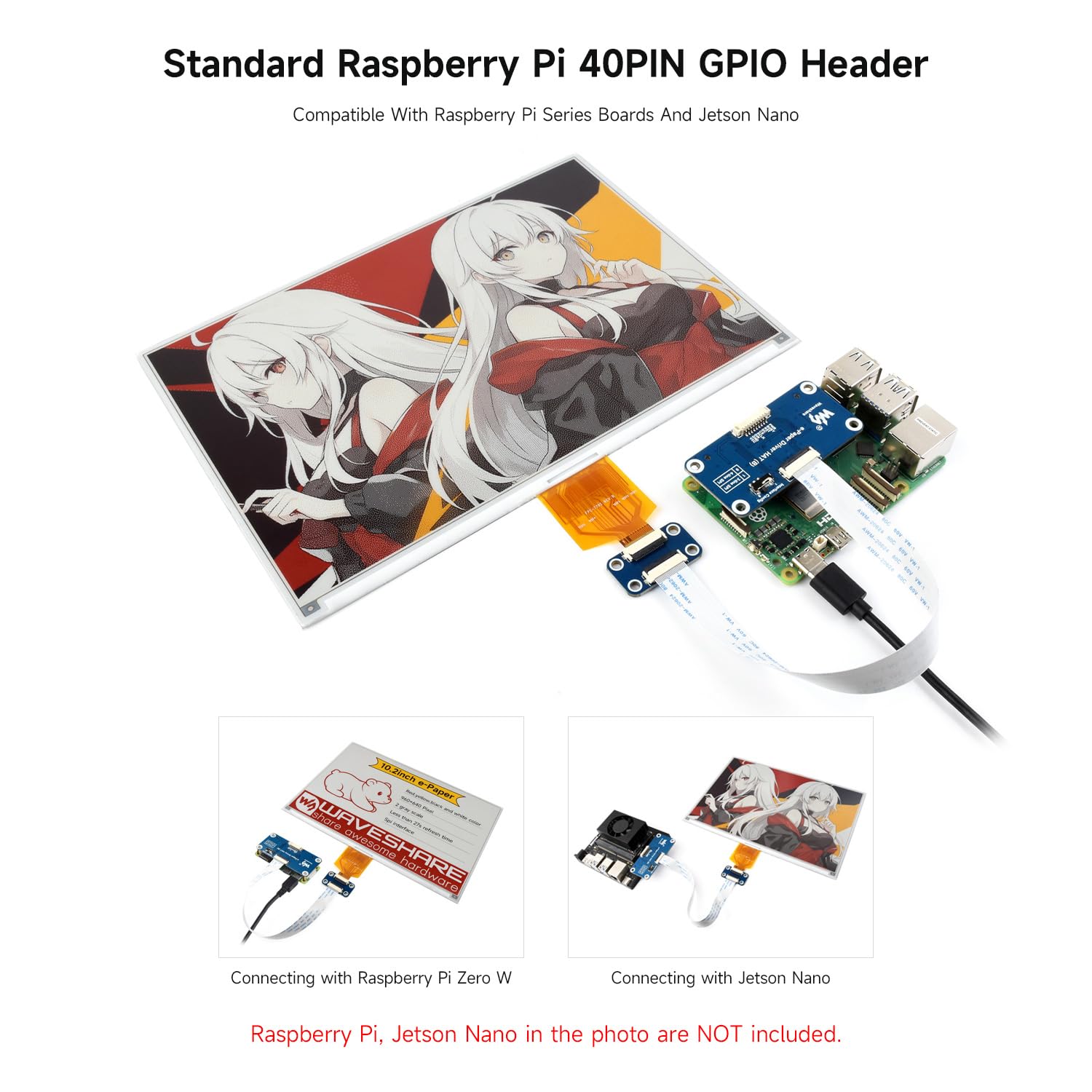 Waveshare 10.2inch e-Paper Display (G), e-Ink Display, 960x640, Red/Yellow/Black/White, SPI Interface, with e-Paper Driver HAT, Compatible with Raspberry Pi 5/4B/3B/CM3/3+/4