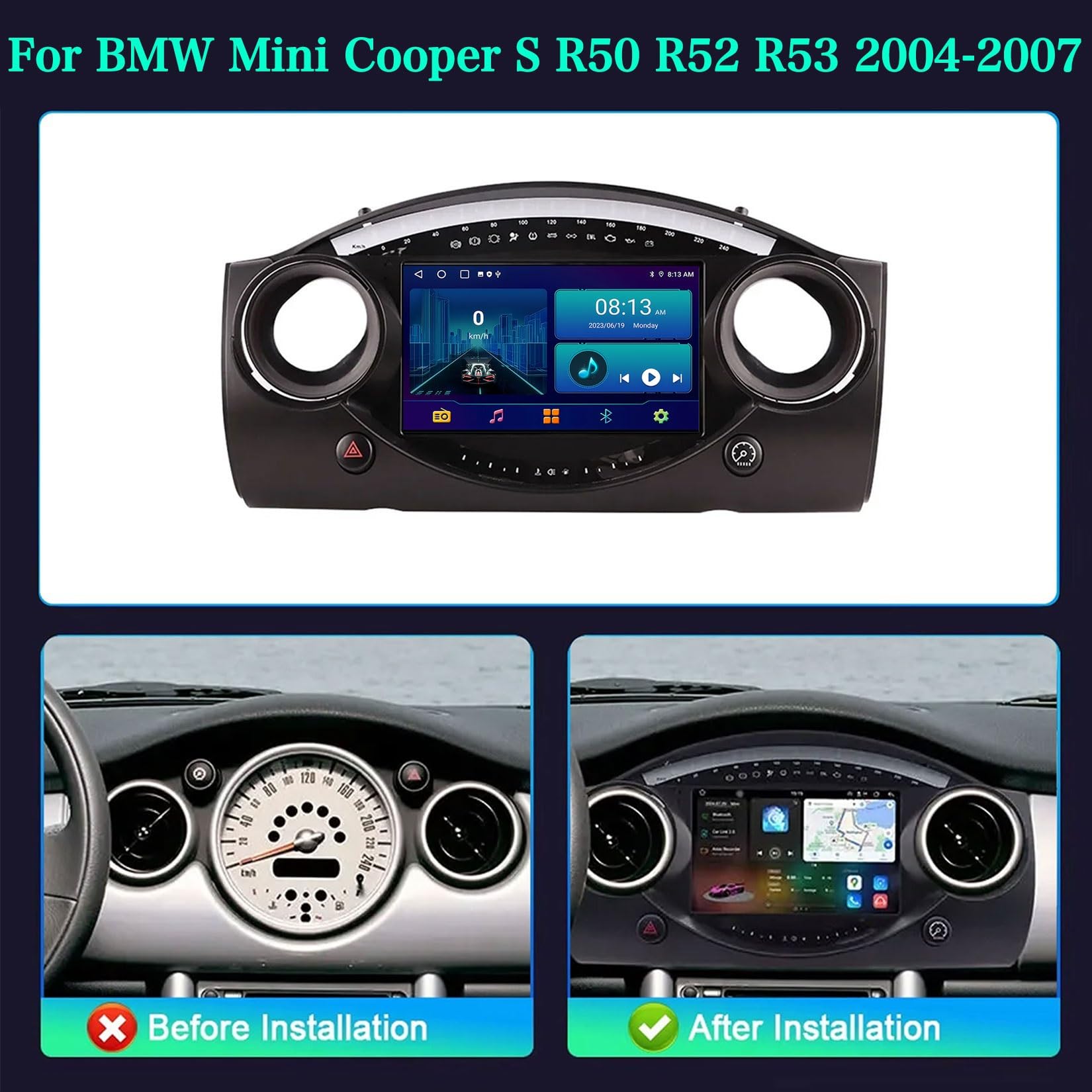 9 Pollici Android 14 Autoradio 2 Din per BMW Mini Cooper S R50 R52 R53 2004-2007 con Carplay Android Auto Senza Fili Bluetooth Stereo Auto Vista Posteriore in Diretta,con Comandi al volante/Mic(P3 WIF