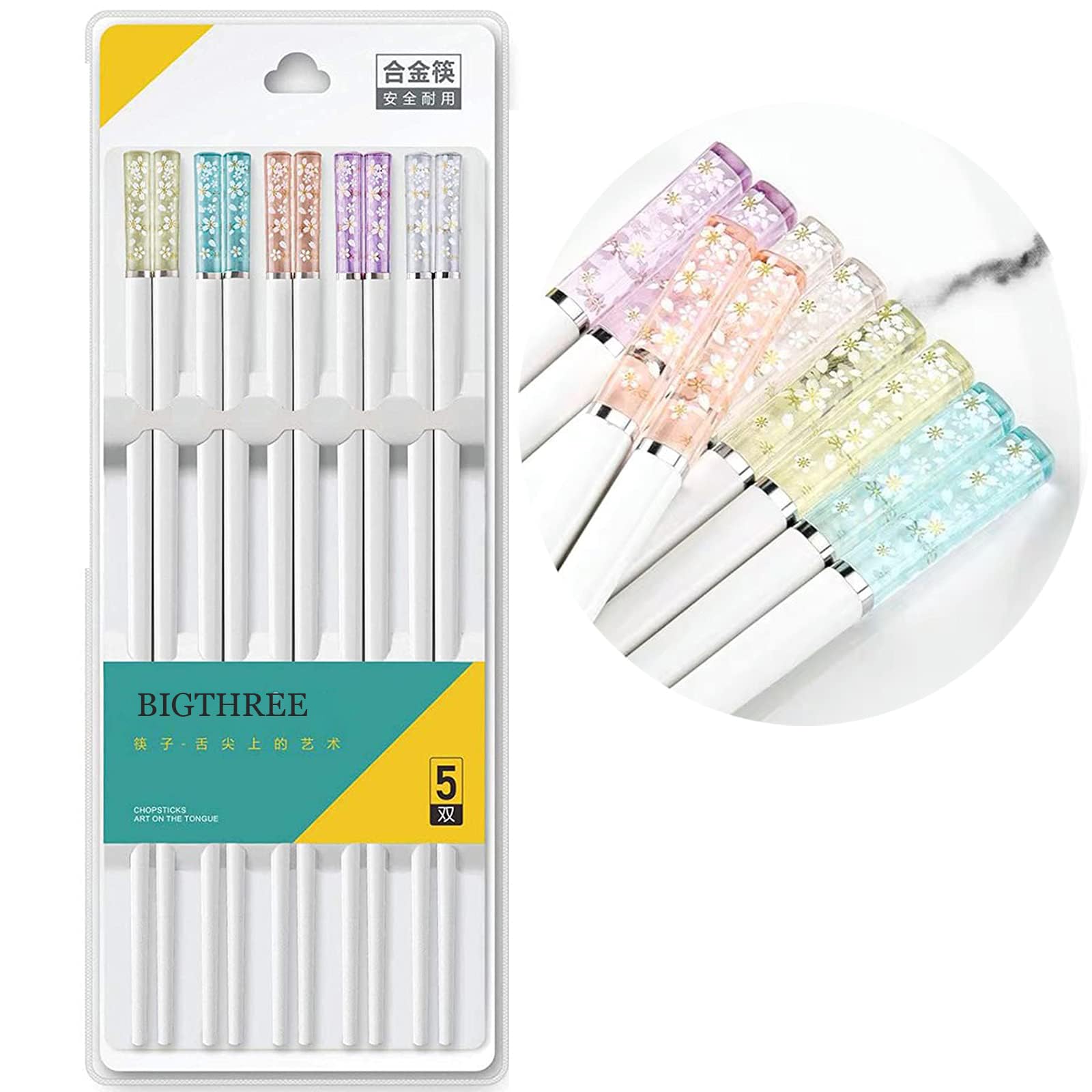 Fiberglass Chopsticks, 5 Pairs Multicolor Reusable Chopsticks, Dishwasher Safe, Lightweight Japanese Style Amber Cherry Blossoms Chopstick, Square, Lightweight, Non-Slip