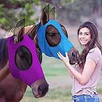 Vista 11 de Weewooday 2 máscaras de mosca de caballo para caballos, máscara de caballo con orejas, máscara suave y elástica con protección UV (morado, rosa, M)