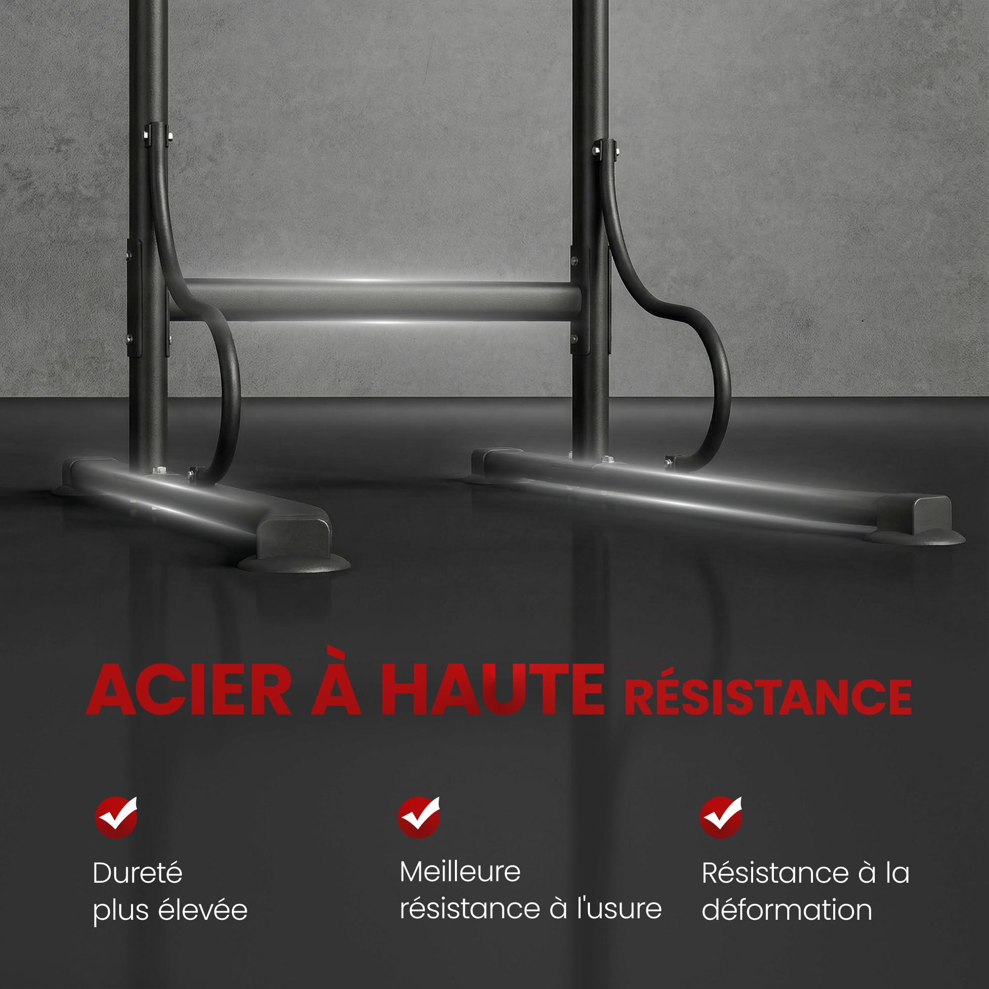 HOMCOM Station de musculation multifonctions barre de traction chaise romaine hauteur réglable acier noir rouge