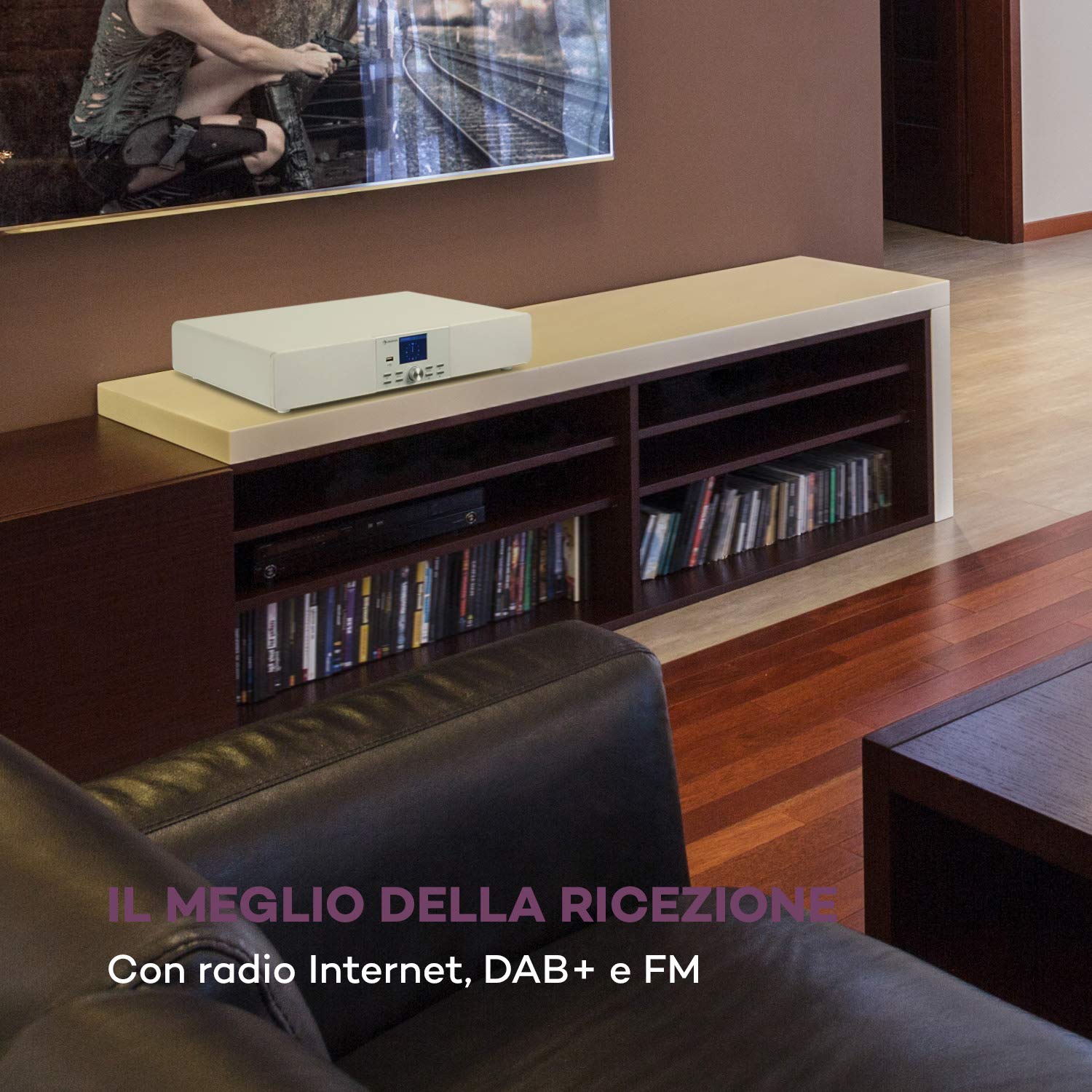 AUNA Stealth Base - Connect Soundbase, 2x15 W + 30 W RMS, Radio Web/DAB+/FM, Bluetooth, AirMusic Control App, Display LC da 2,8", Porta USB, Ingresso Line, Bianco