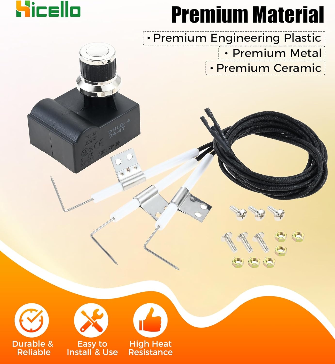 Grill Igniter Kit Replacement for Oklahoma Joe's Longhorn Combo 15202029 16202046 18202083 & Charbroil Deluxe 463714514 463714914 463714915 – 4-Outlet Push Button BBQ Ignition Kit with 3 Ignitor Wires