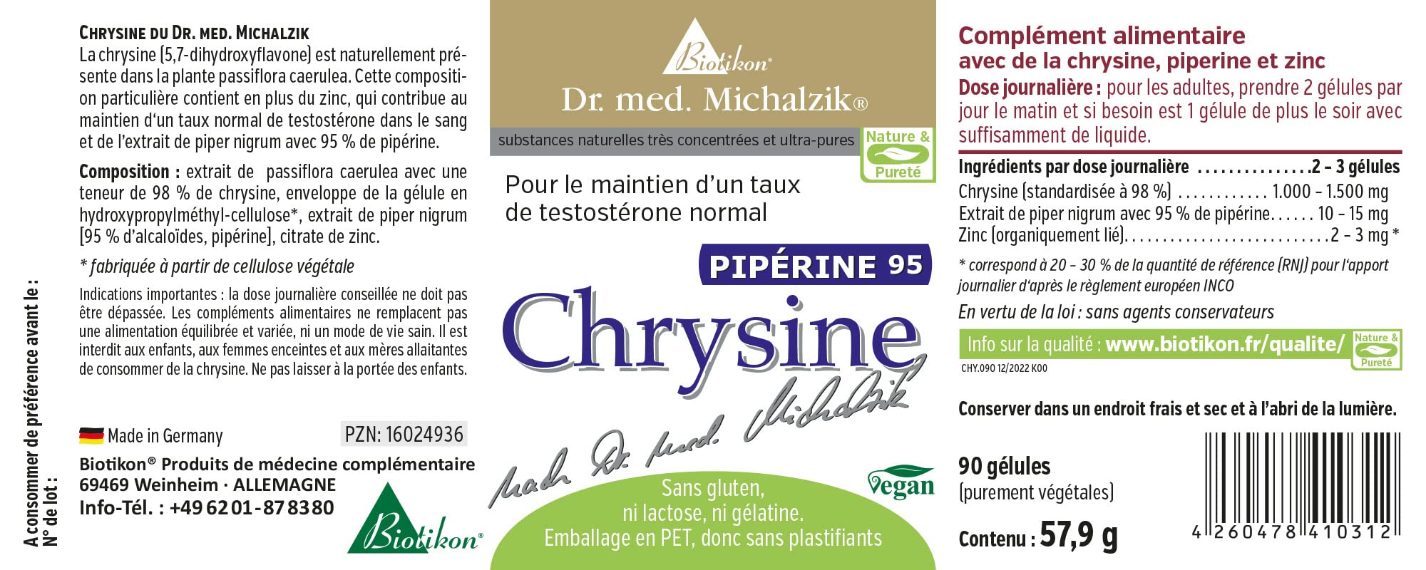 Chrysin Piperin nach Dr. Michalzik, 1000-1500 mg Chrysin, 90 Kapseln | Mit Chrysin, Piperin und Zink • eigene deutsche Produktion • ohne Zusätze