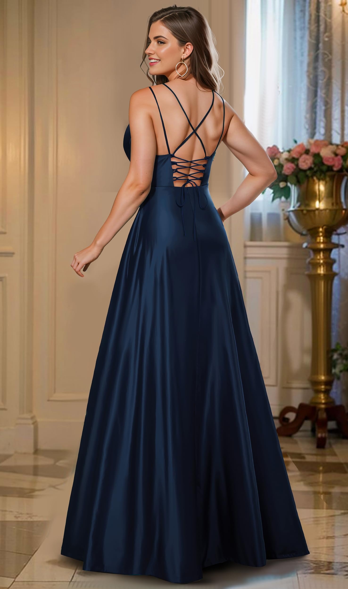 HOMEYEE Vestido de dama de honor largo con cuello en V, elegante, vestido de noche, línea A, vestido de novia, A490