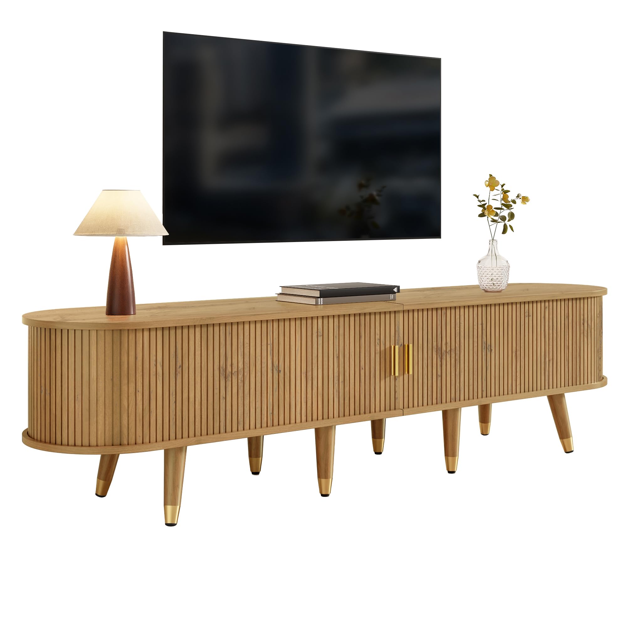 Mobile basso per TV, 175 cm, noce, con anta scorrevole in rattan, scomparti aperti e cassetti, portata 60 kg, stile rustico per soggiorno