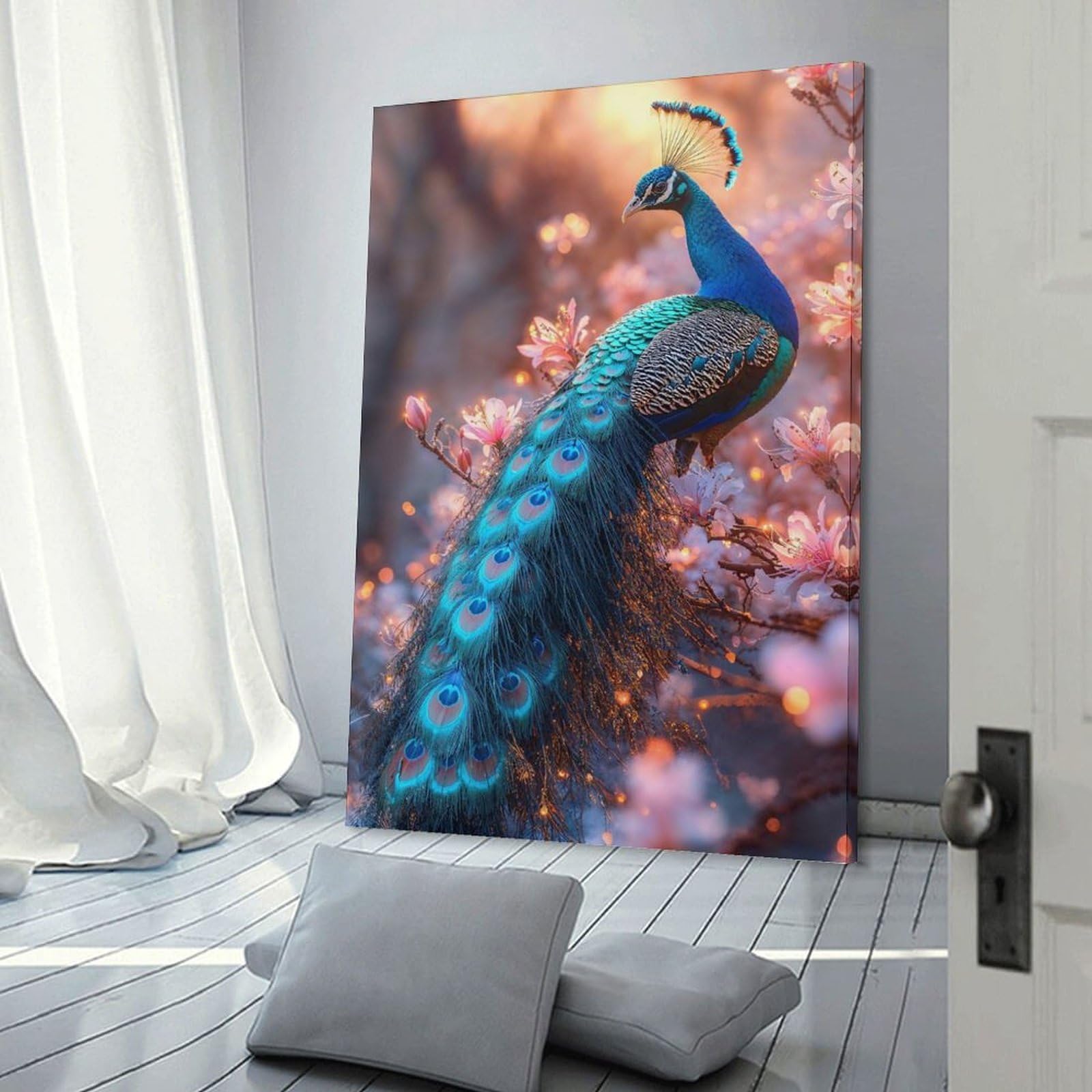 Junmoney Frame-Style-6 Wall Picture Print Peacock In Bloom, 20X30inch(50X75cm), For Entrance Walls, Hall Decor Or Foyers, Home Artwork For First Impressions