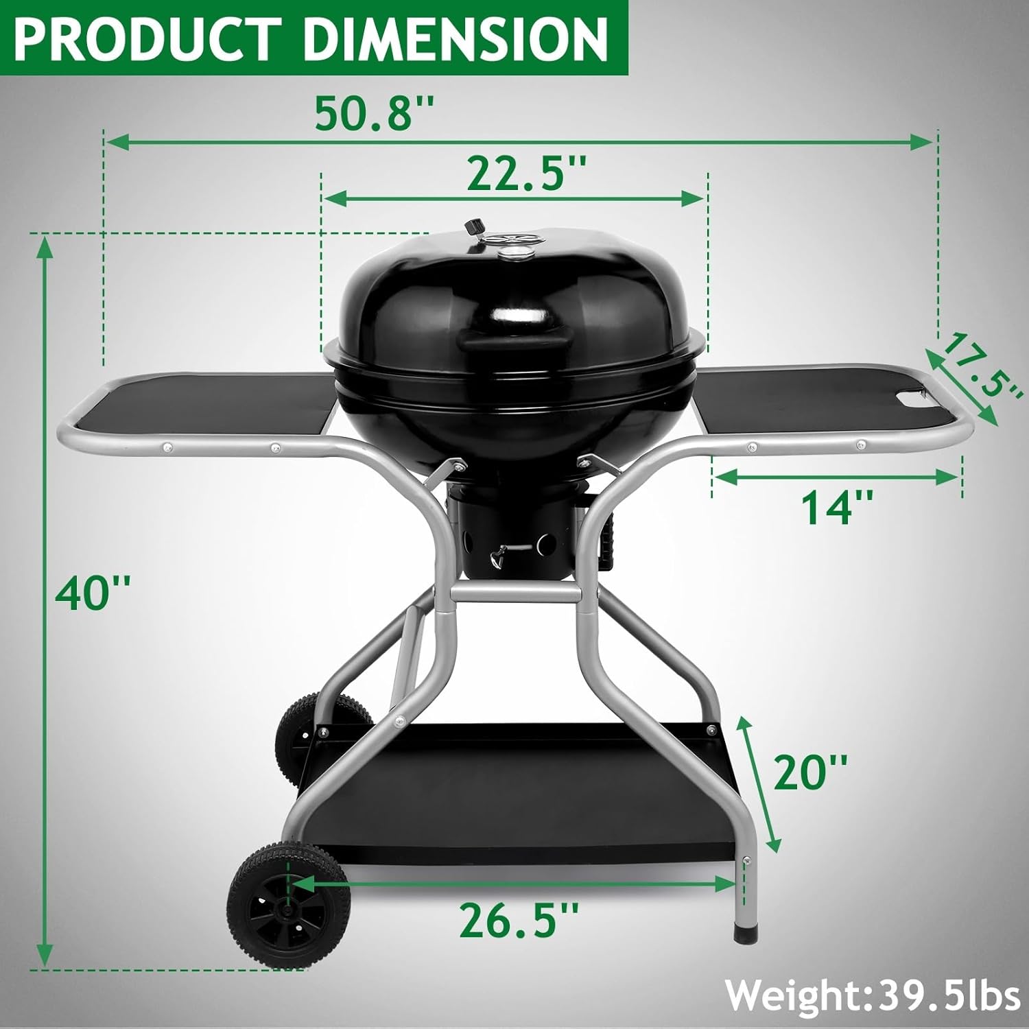 22.5-inch kettle charcoal grill with 2 side tables and wheels, portable cooking grill barbecue cart for terrace, backyard camping, picnic cooking (black)