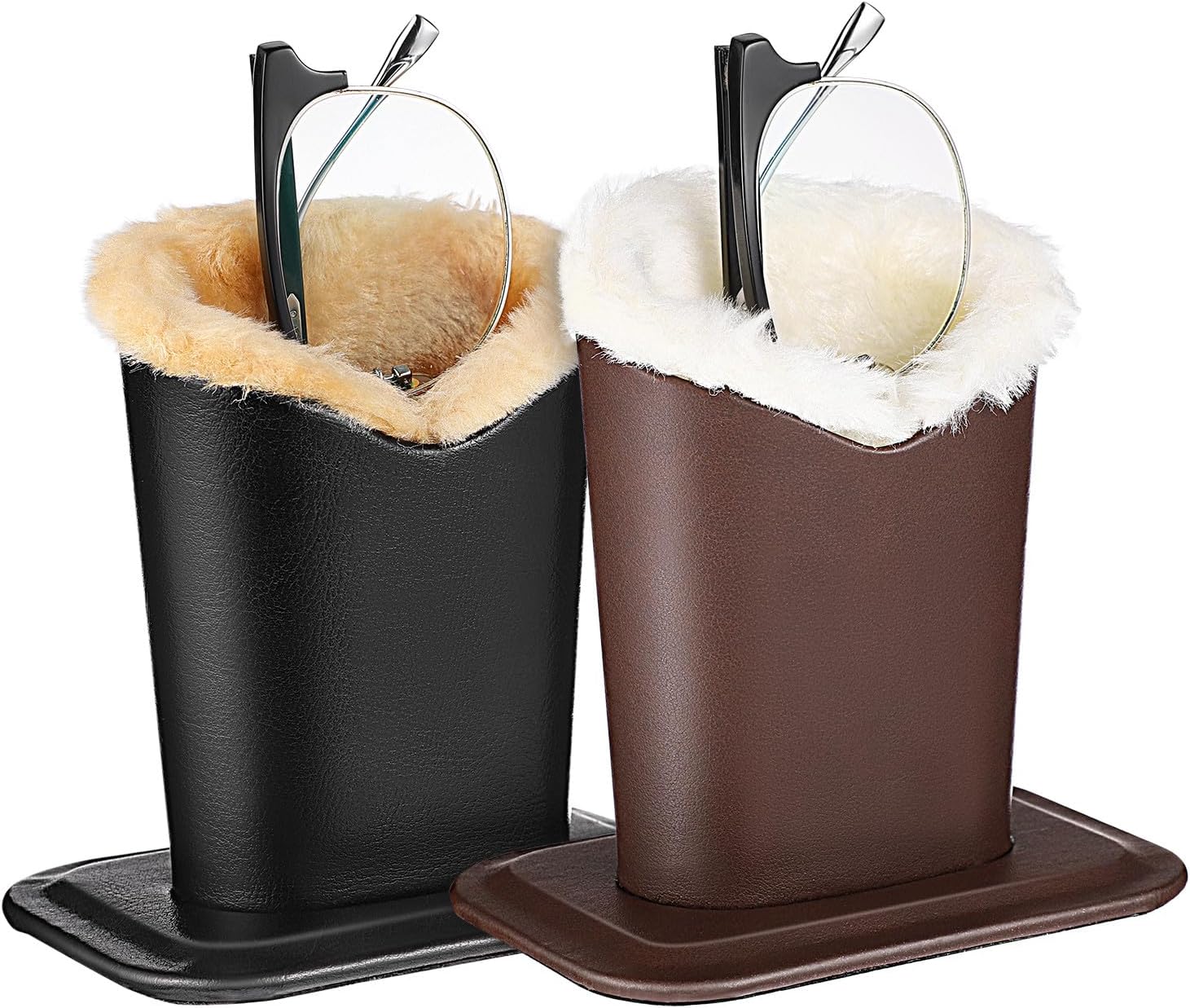 Eyeglass Holder 2pcs - Plush Lined PU Leather Glasses Stand Case for Desk Nightstand, Protective Storage Organizer for Eyewear