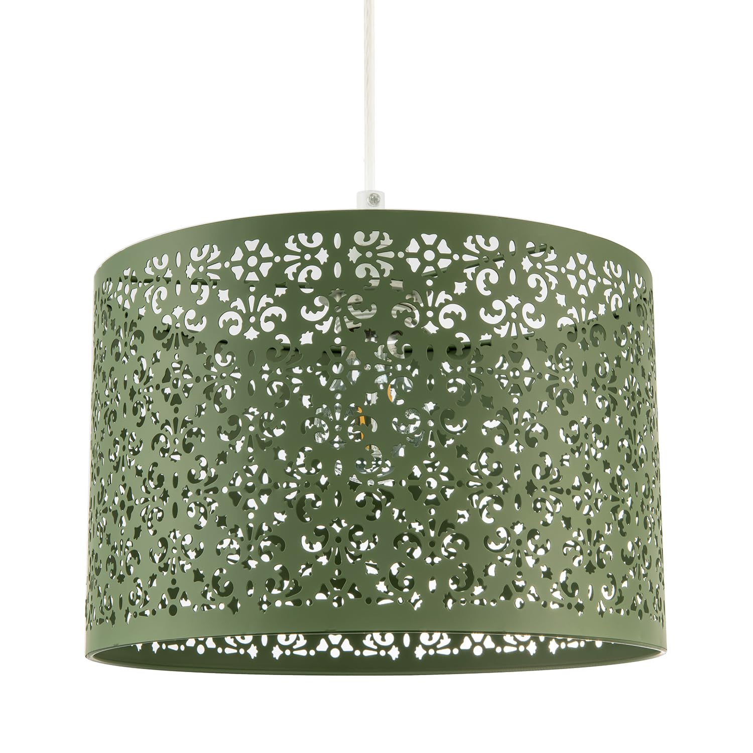Unique Moroccan Designed Olive Green Metal Circular Pendant Light Shade with Floral Decor | 30cm Diameter | Maximum 11watt LED Allowed by Happy Homewares โ image 1