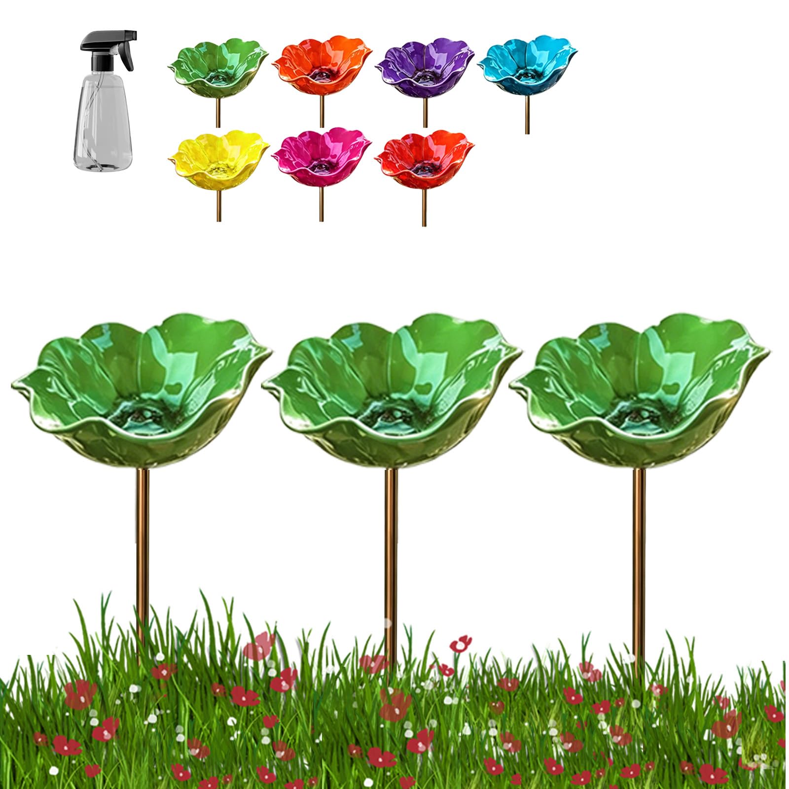 Handmade Metal Flower Garden Stake, Flower-Shaped Bird Bath & Bird Feeder for Nature Lovers, Colorful Butterfly Bee Watering Station for Outdoor Garden Lawn Yard Patio Landscape Decor (Green×3)