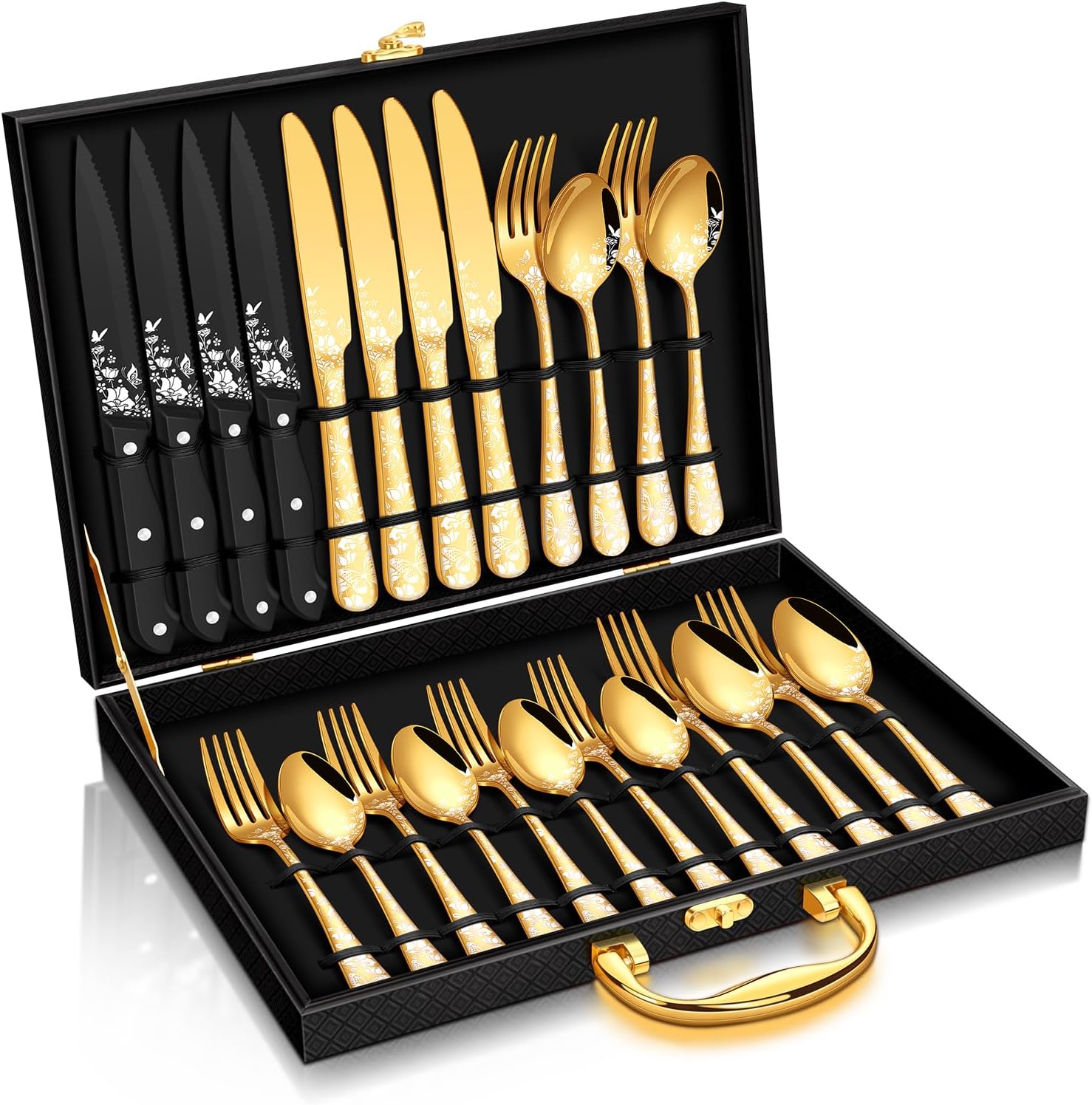 Stapava 24 Pcs Gold Silverware Set with Gift Box, Stainless Steel Gold Utensils Cutlery Flatware Set for 4, Include Forks Spoons and Knives Set for Home Wedding Party, Mirror Finish, Dishwasher Safe