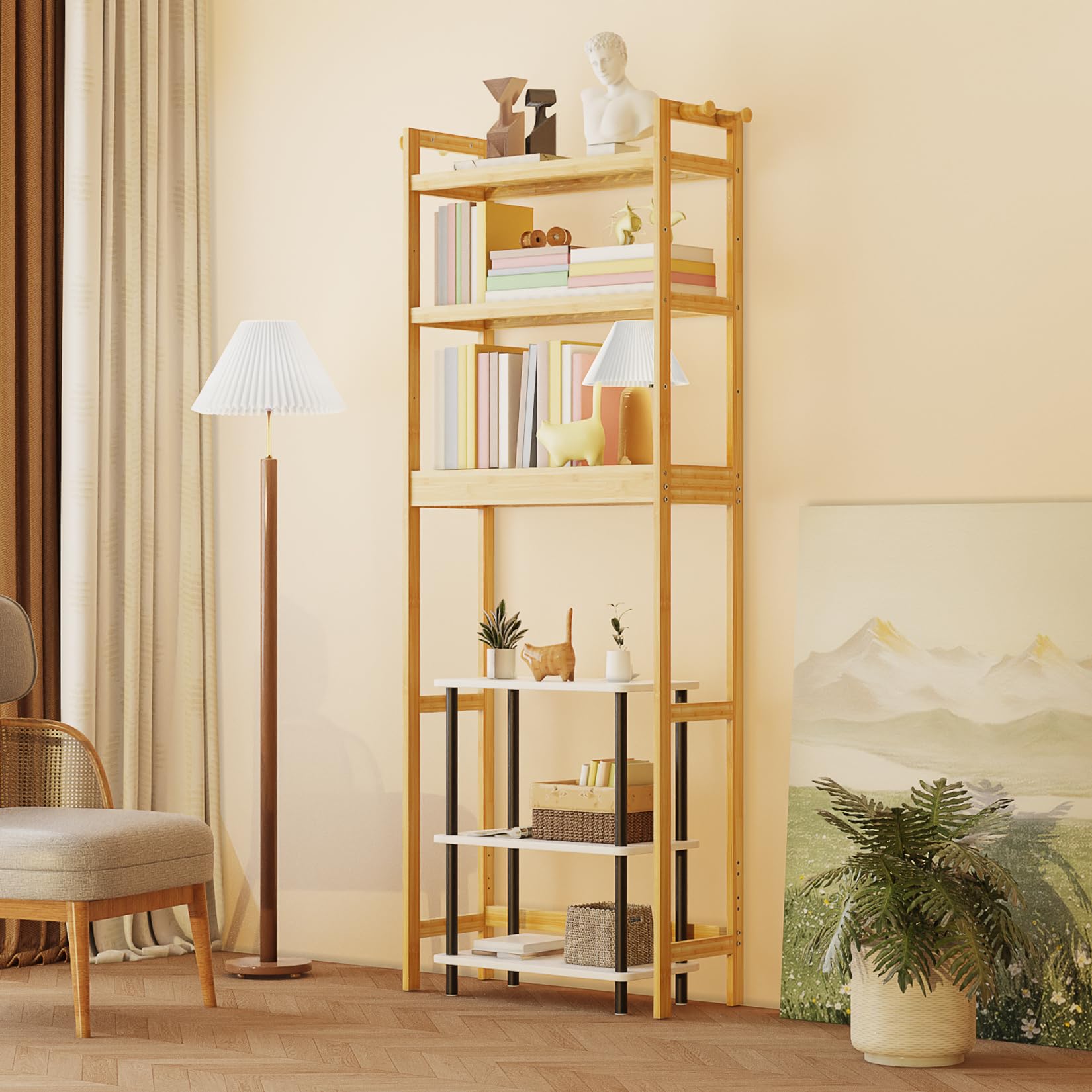 unho Scaffale Mensola per Lavatrice: Bagno Mobile Sopra WC in Bambù Portaoggetti Ripiani Regolabili Salvaspazio Scaffalatura per Lavatrice 63x26x170 cm