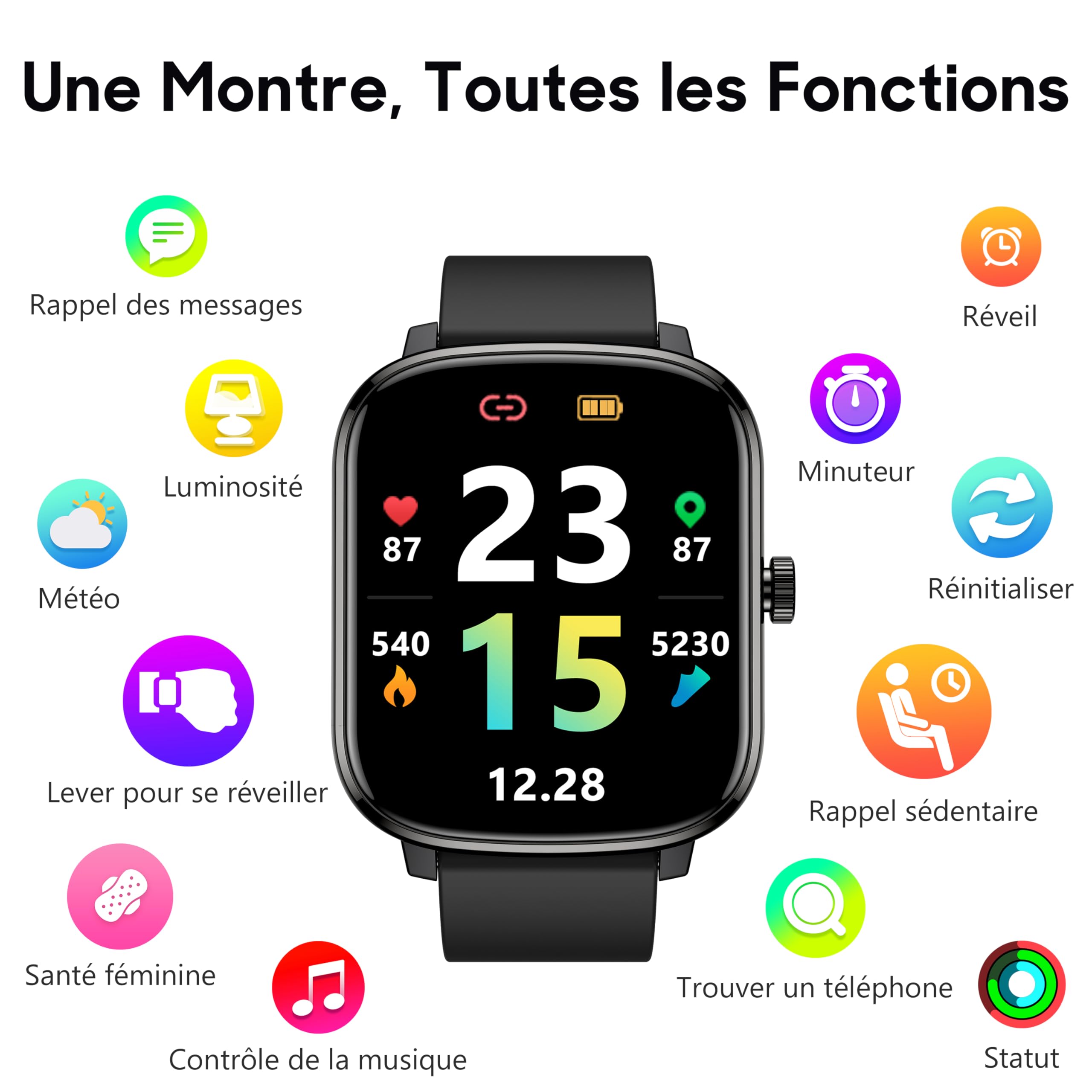 Popglory Montre Connectée Femme Homme, Smartwatch Cardiofrequencemètre Moniteur de Sommeil Pression Artérielle 100 Modes Sportifs Compatible Android iOS pour Homme Femme Montre Intelligente