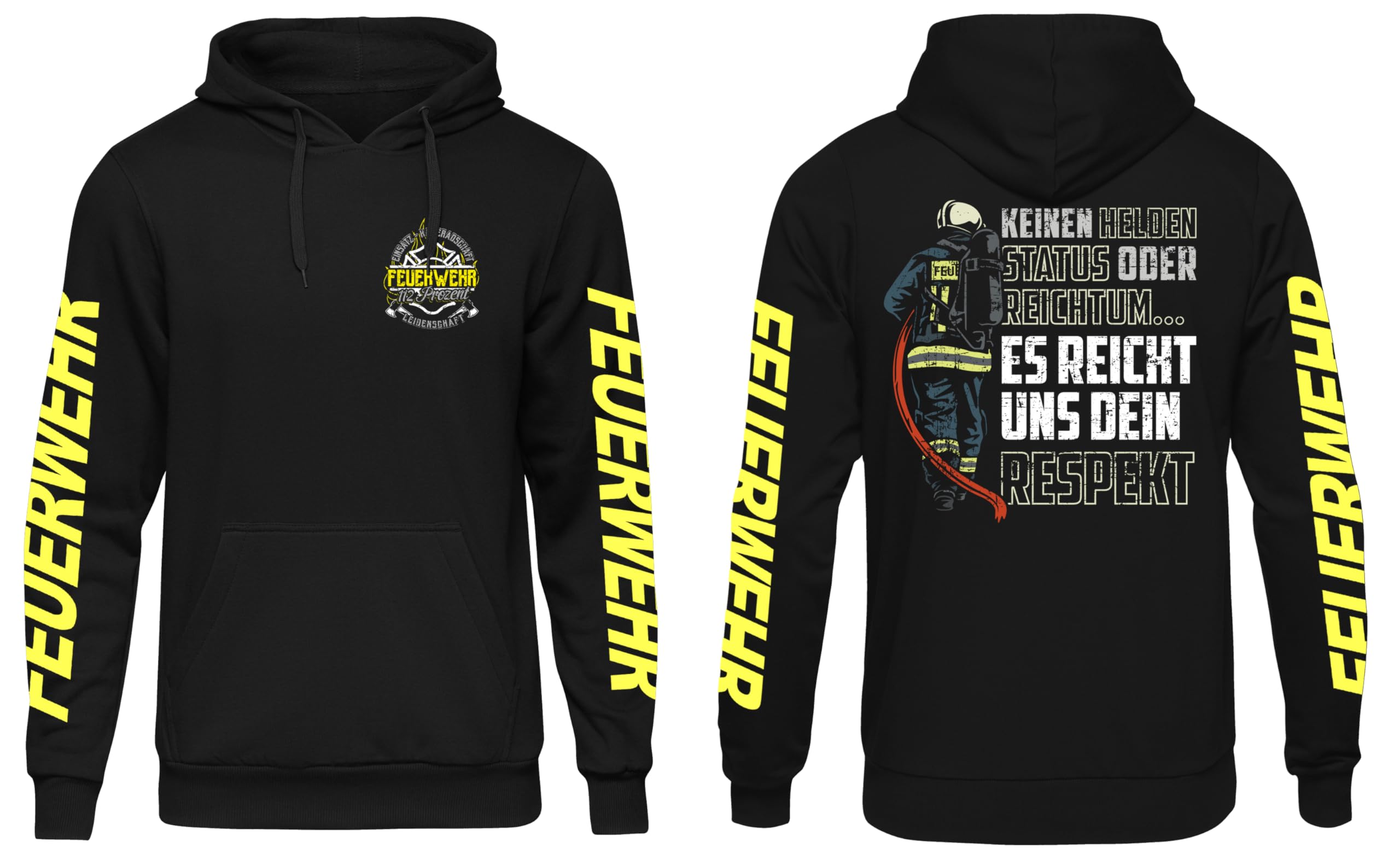 UGLYSHIRT Feuerwehr Herren Kapuzenpullover | Feuerwehr Geschenke FFW Pullover Feuerwehrmann Held Hero 112 Freiwillige Feuerwehr Hoodie | M30 Ärmeldruck Schwarz
