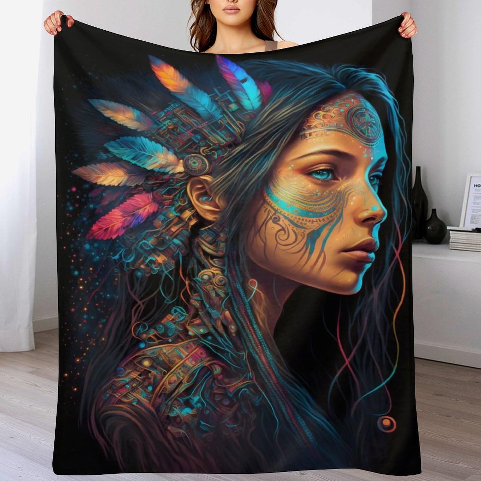 Pazzk Native American Princess Bedding Soft Flannel Throw Blanket - Plush Blanket Warming Decor Gift, Four Seasons Living Room Outdoor Fuzzy Blanket Travel Camping Blanket（140×180Cm）