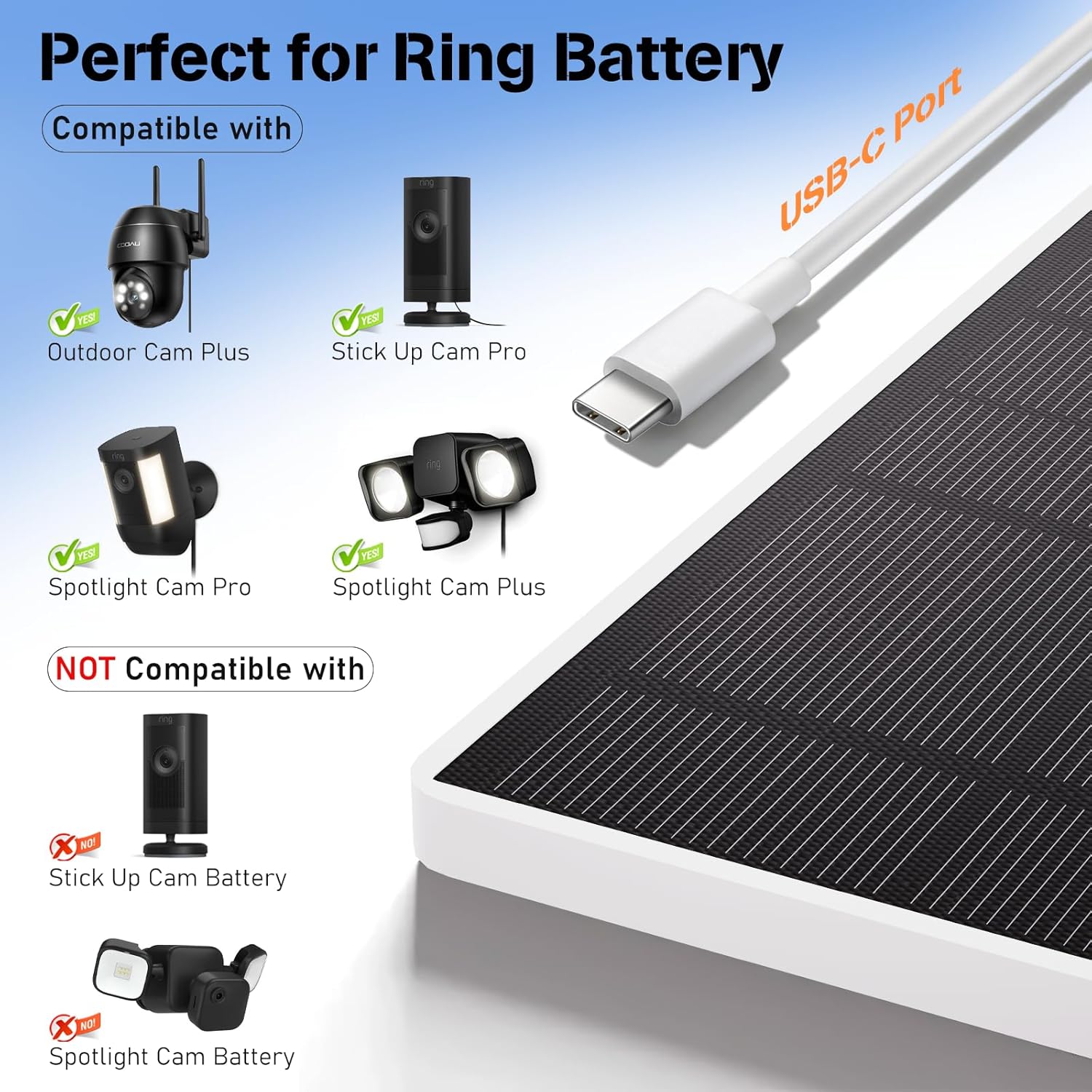 2 Pack Solar Panel for Ring Camera, 5W Solar Fast Charger, Telescopic Pole & 360° Swivel, 10ft USB-C Cable, IP65 Weatherproof, for Ring Battery Outdoor Security Cameras, Perfect for Reaching Sunlight