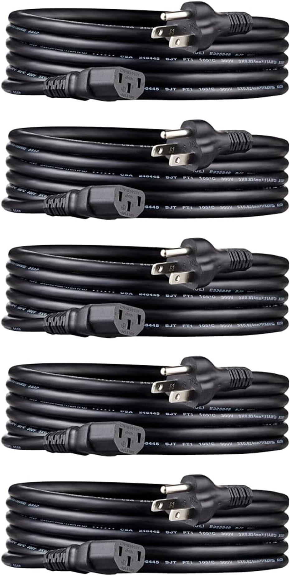 PC Power Cord, 10 feet, Compatible with Monitor, Computer, TV, 3 Prong, 18 AWG, 125 Volts, Black, 5-Pack