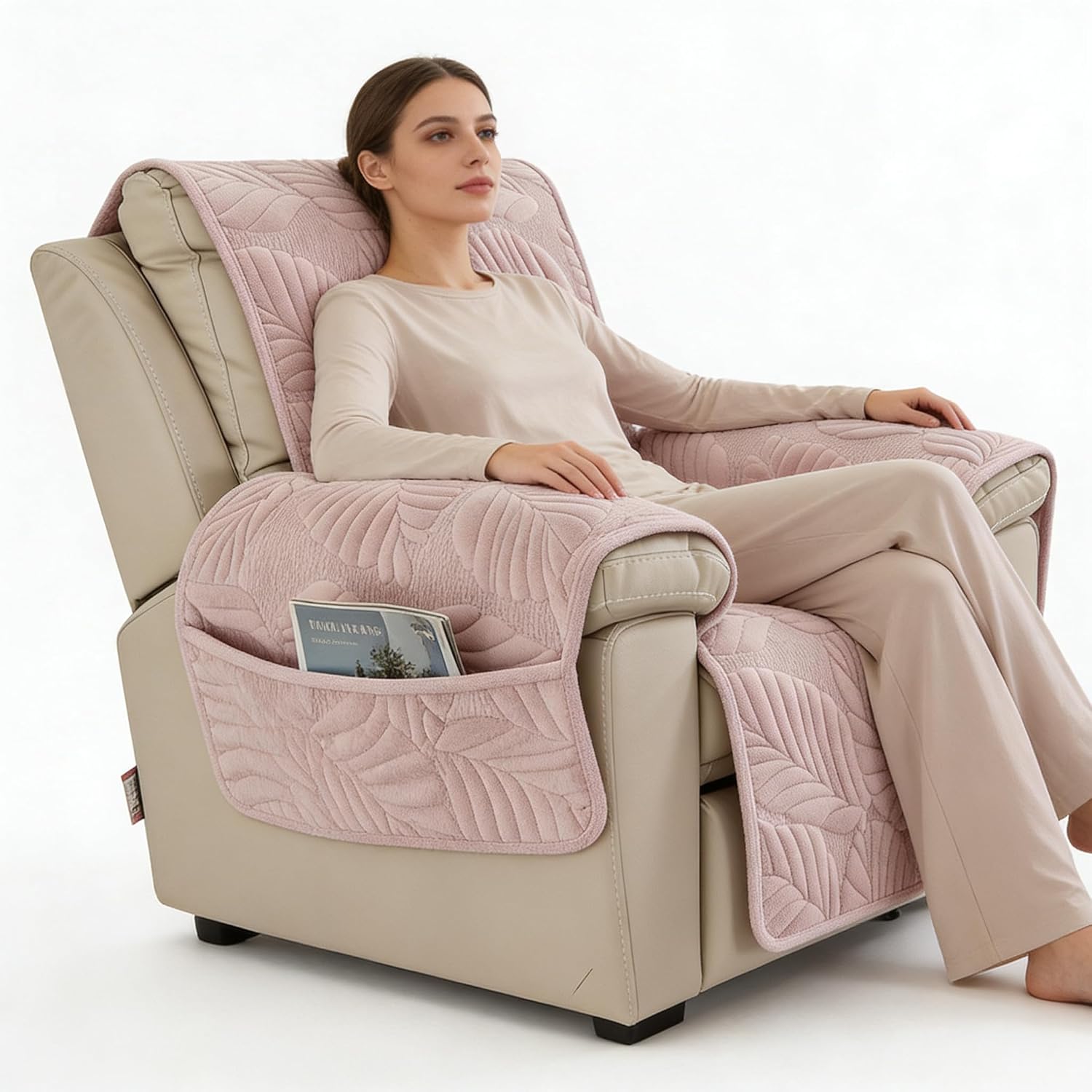 Recliner Slipcover with Pockets Stretch Washable Recliner Chair Cover Non Slip Elastic Bottom Furniture Protector for Living Room Bedroom,Pink