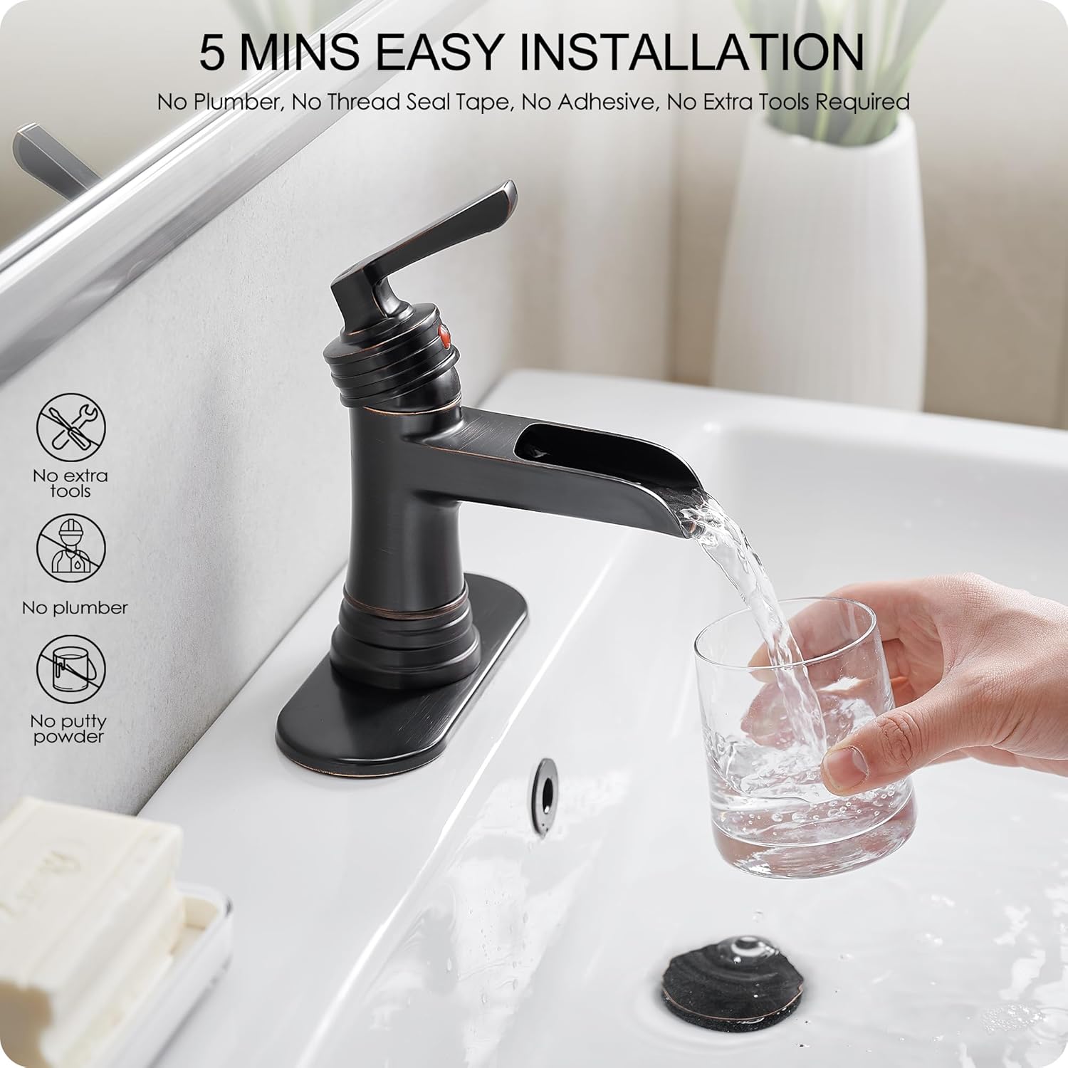 Brass Oil Rubbed Bronze Bathroom Faucet Waterfall Bathroom Sink Faucet 1 Hole or 4 Inch 3 Hole, Single Handle with Deck Plate, Pop-up Drain, cUPC Supply Lines for Vanity, 5 Mins Quick Install
