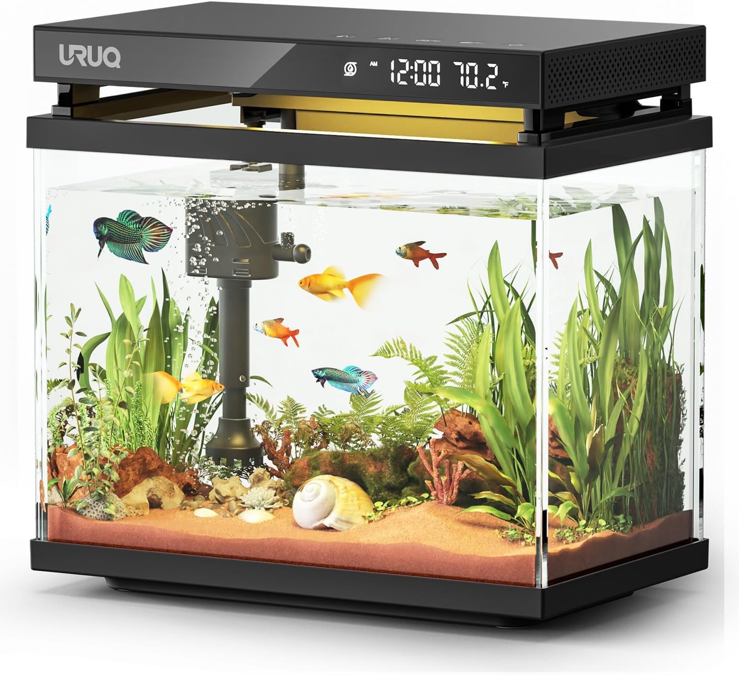 Kit d'aquarium intelligent pour aquarium : pompe à eau silencieuse en verre UHD de 7 gallons, système de filtration multicouche autonettoyant, détection de température, éclairage 7 couleurs pour