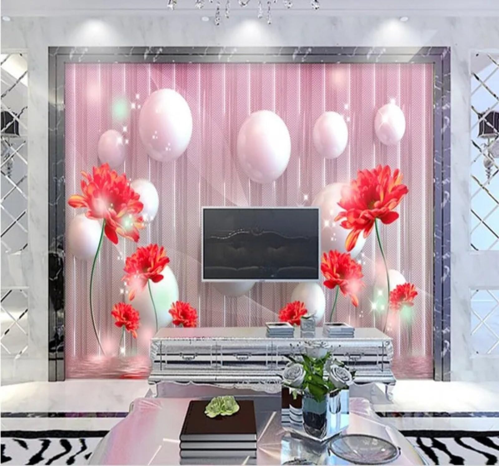 Three Dimensional Dreamy Beautiful Red Flowers Spheres 3D Wallpaper Easy Install Feature Office Living Room Sofa Bedroom TV Background Wall Decoration-300cm×210cm