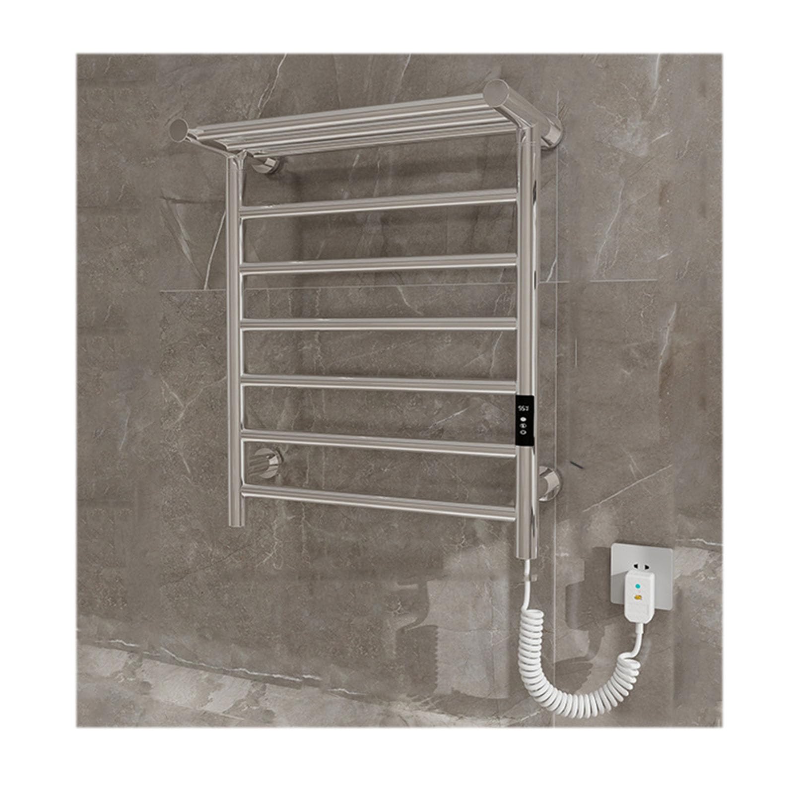 Toallero eléctrico para baño con temporizador ajustable y estante de pared plateado